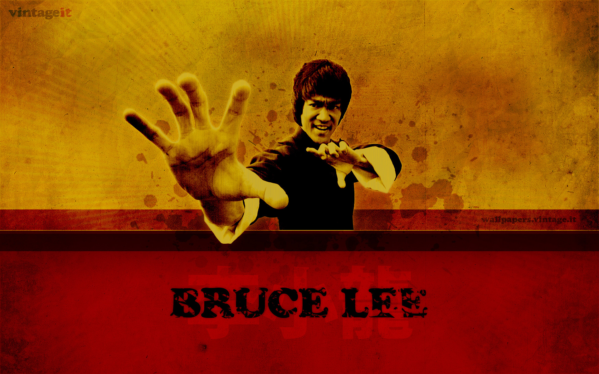 Bruce Lee, Posa di kung fu, Rosso e giallo, Vintage, Full HD, sfondo per PC e portatile