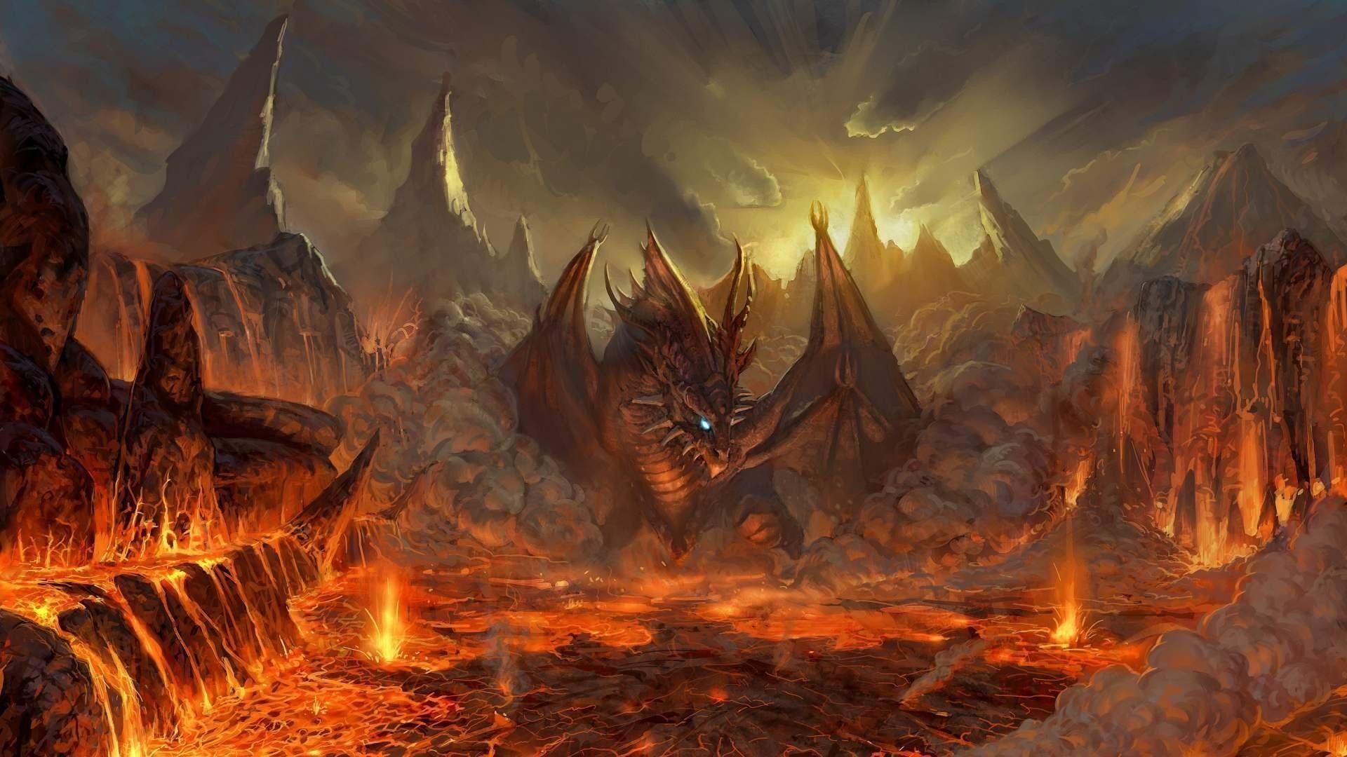 Paesaggio infernale, Lava, Drago, Fantasy, 1920x1080, wallpaper desktop