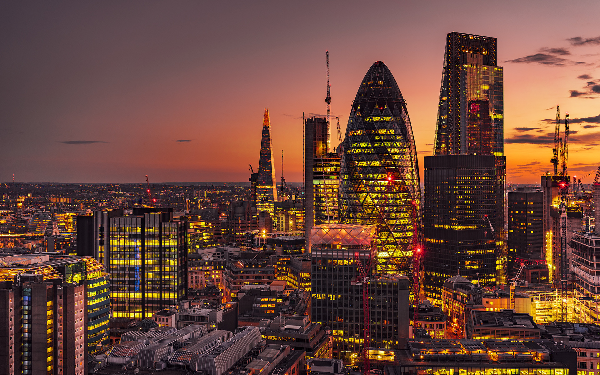 The Gherkin, City di Londra, Londra, Grattacieli, Tramonto, 16:10 Full HD, sfondo widescreen