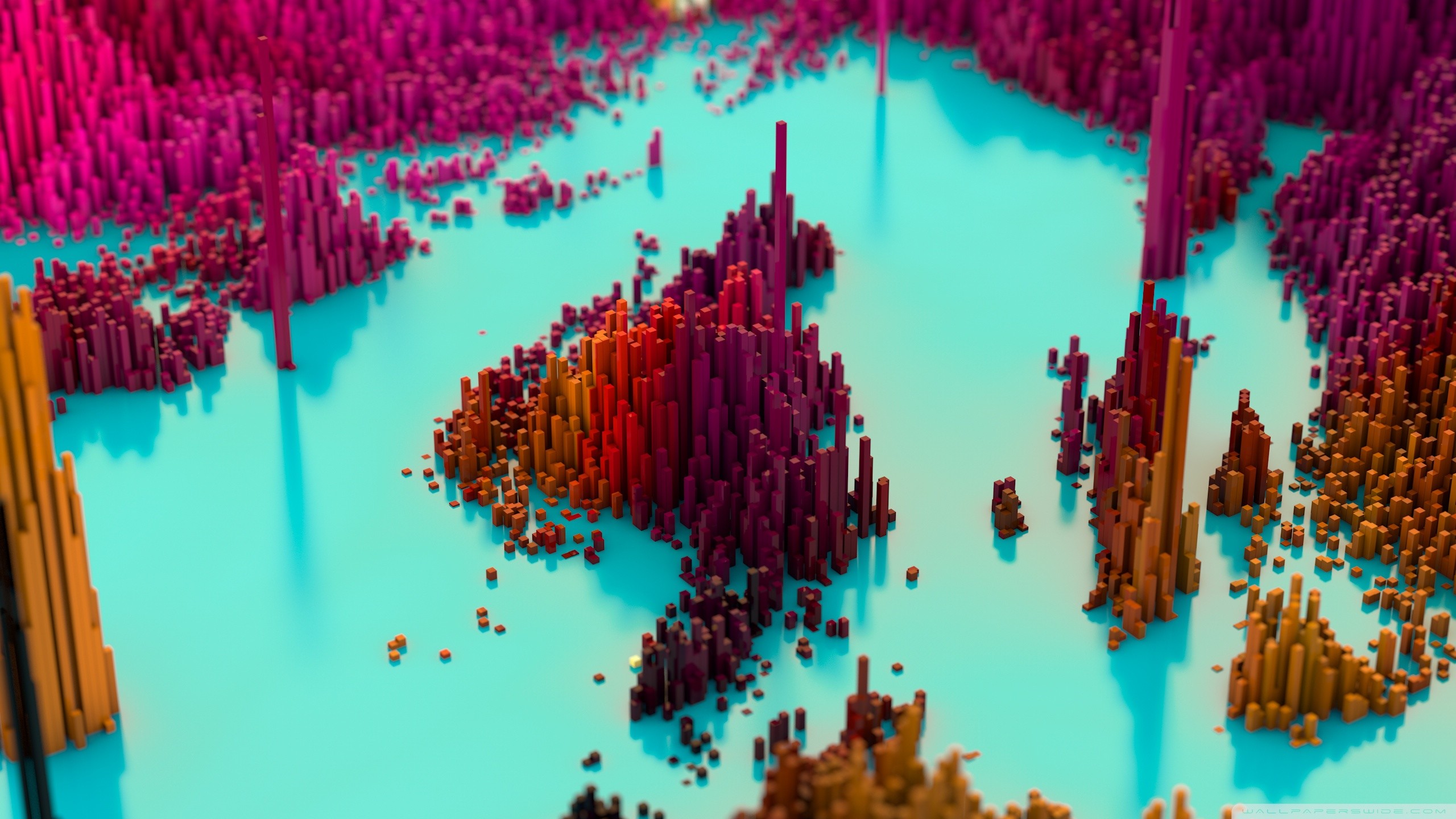 Voxel art, Paesaggio astratto, Turchese, Magenta, 2K, sfondo per PC e portatile