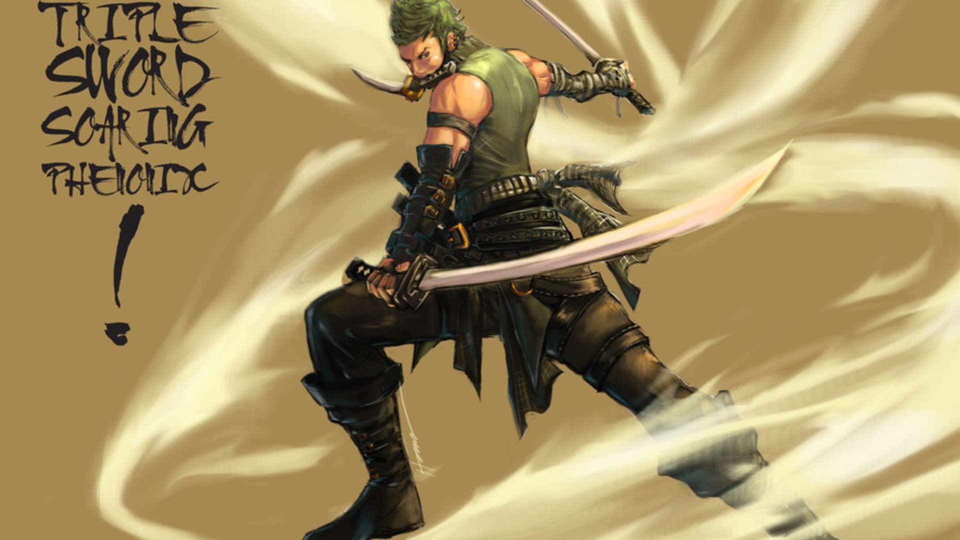 Roronoa Zoro, One Piece, Santoryu, Calligrafia, Sfondo beige, Full HD, wallpaper desktop