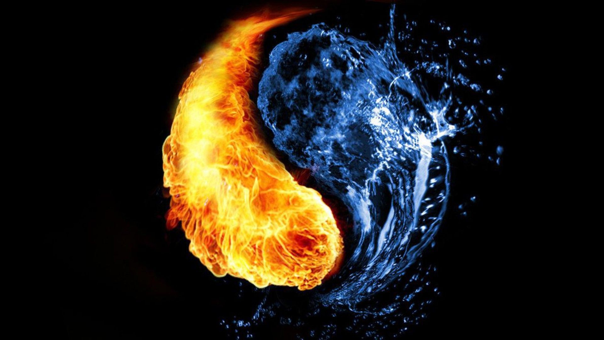 Yin e yang, Fuoco e acqua, Sfondo nero, 16:9 Full HD, wallpaper widescreen