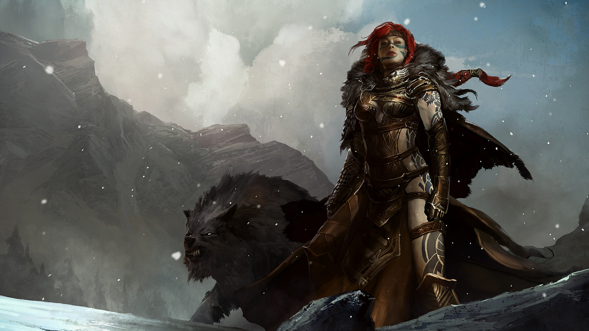 Guerriera, Capelli rossi, Orso, Neve, Fantasy, 16:9 Full HD, sfondo widescreen