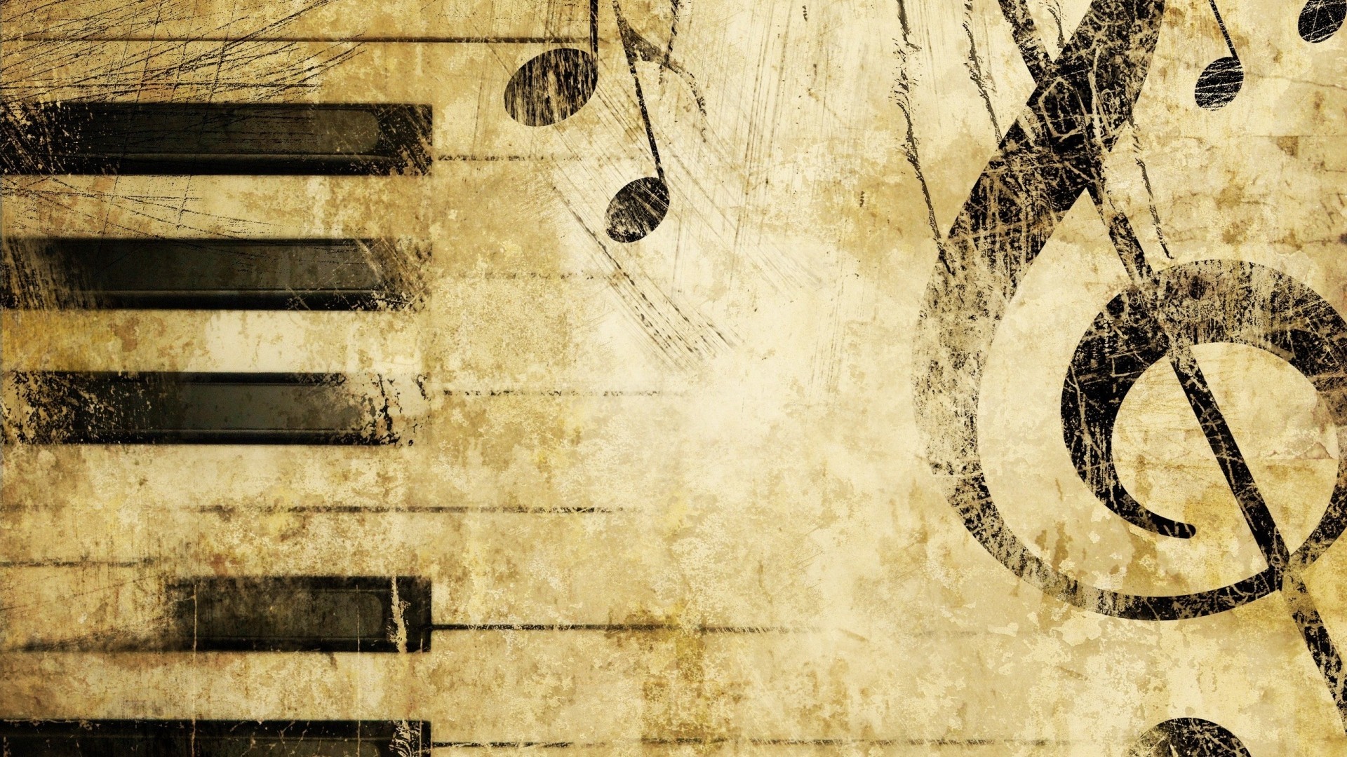 Chiave di violino, Tasti di pianoforte, Note, Vintage, Grunge, 16:9 Full HD, sfondo widescreen