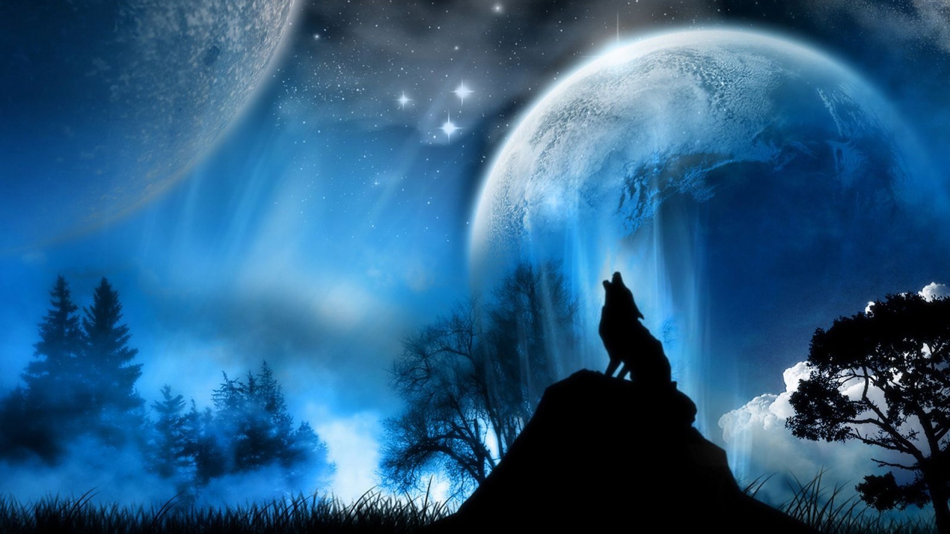 Lupo che ulula, Silhouette, Pianeti, Fantasy, Blu, 1920x1080, sfondo per PC