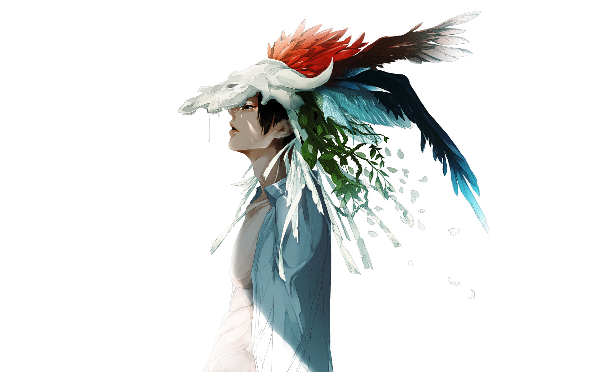 Ragazzo, Teschio, Piume, Acquerello, Anime, 1920x1200, sfondo MacBook Pro
