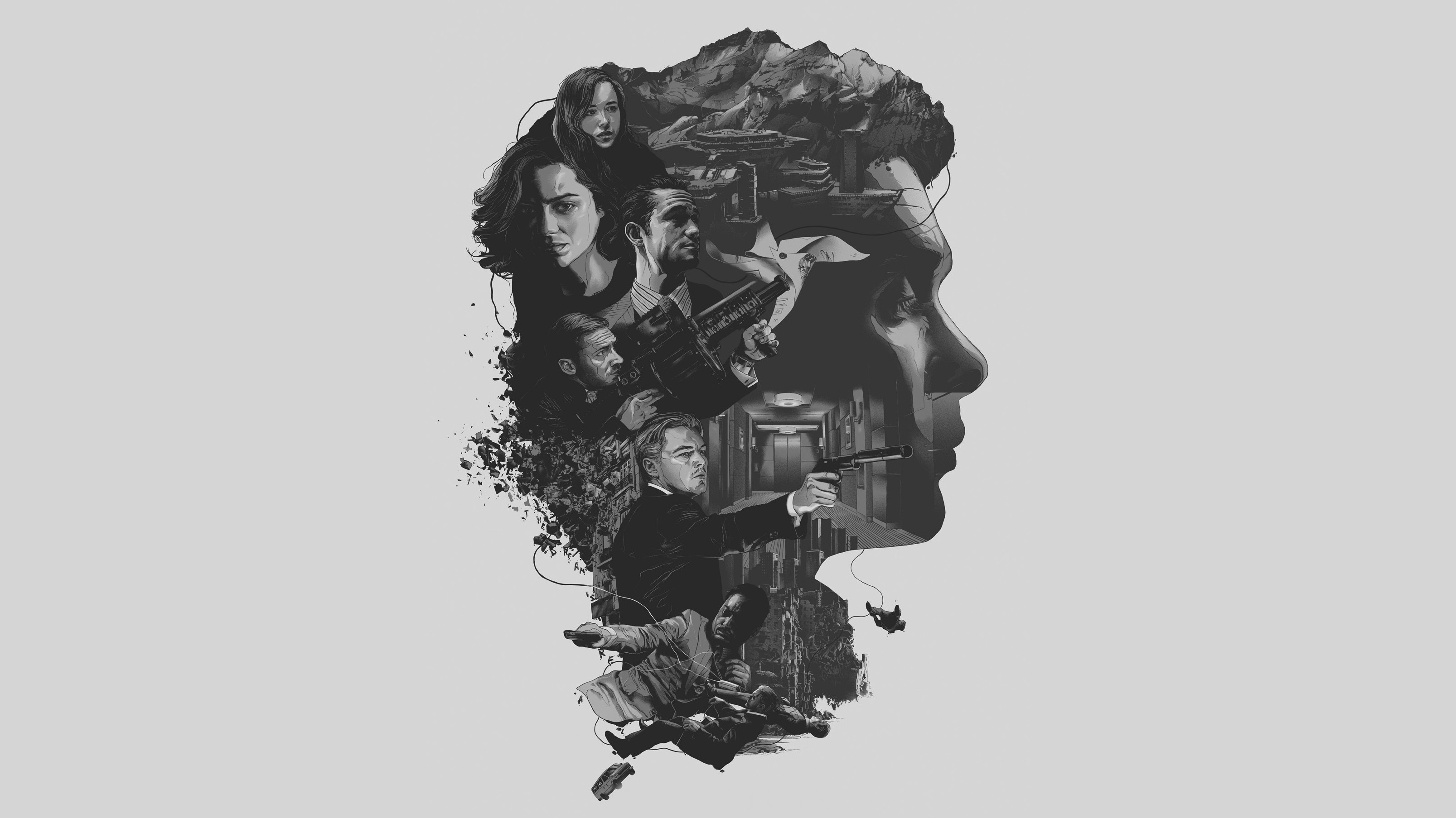 Inception, Leonardo DiCaprio, Doppia esposizione, Profilo, Sfondo grigio, wallpaper desktop 2K