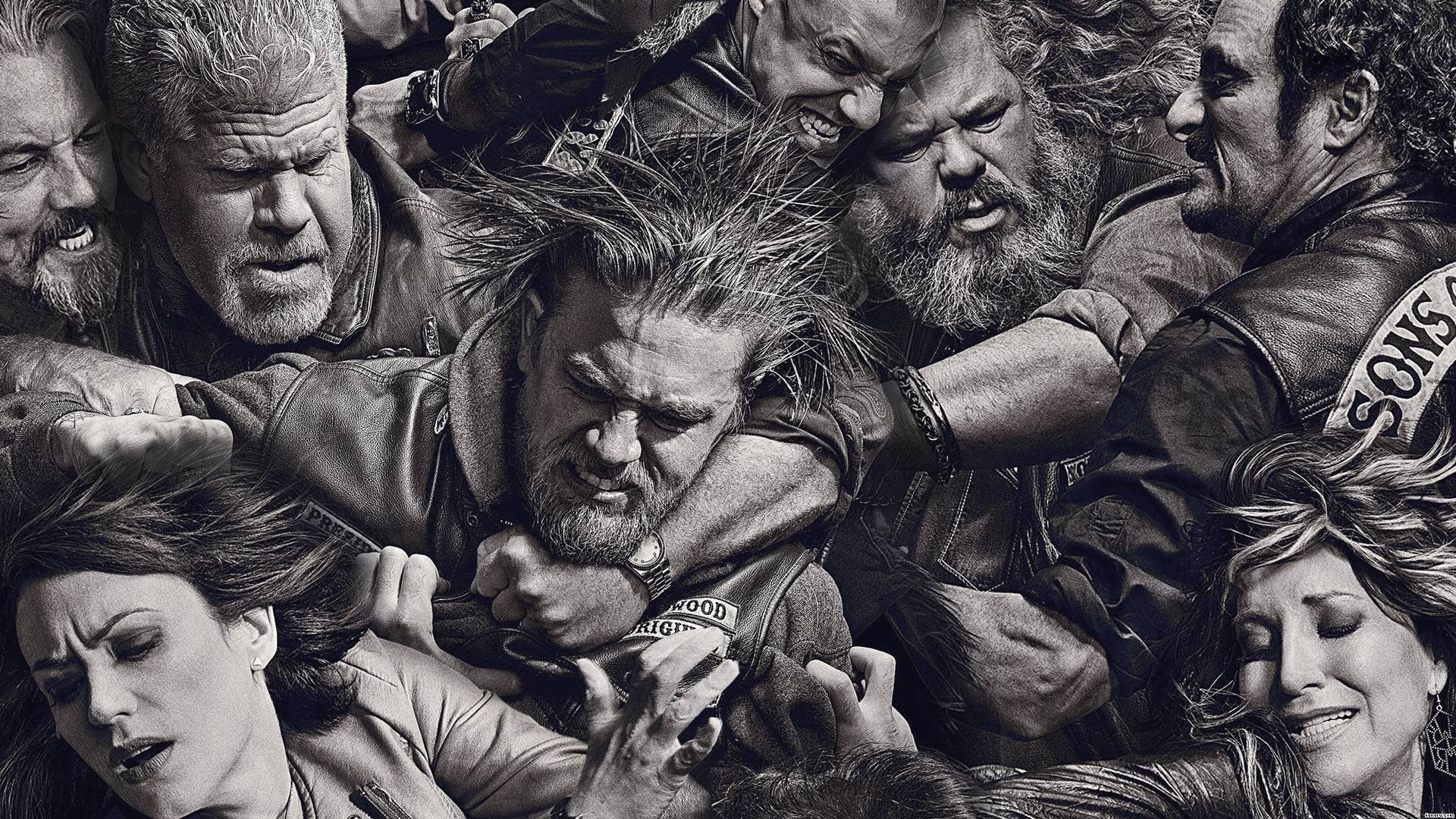 Sons of Anarchy, Charlie Hunnam, Ron Perlman, Katey Sagal, Rissa, Seppia, sfondo Windows 11