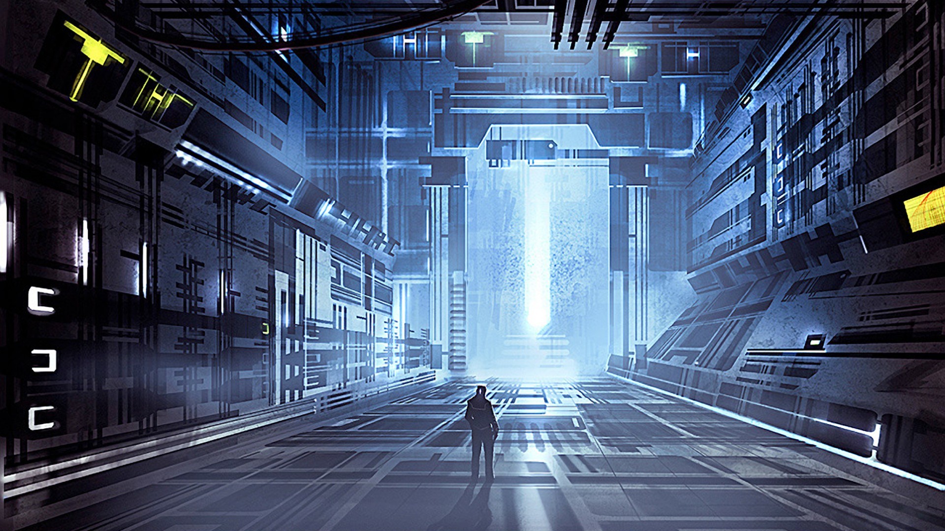 Corridoio futuristico, Silhouette, Luce blu, Fantascienza, Prospettiva, sfondo Full HD per portatile