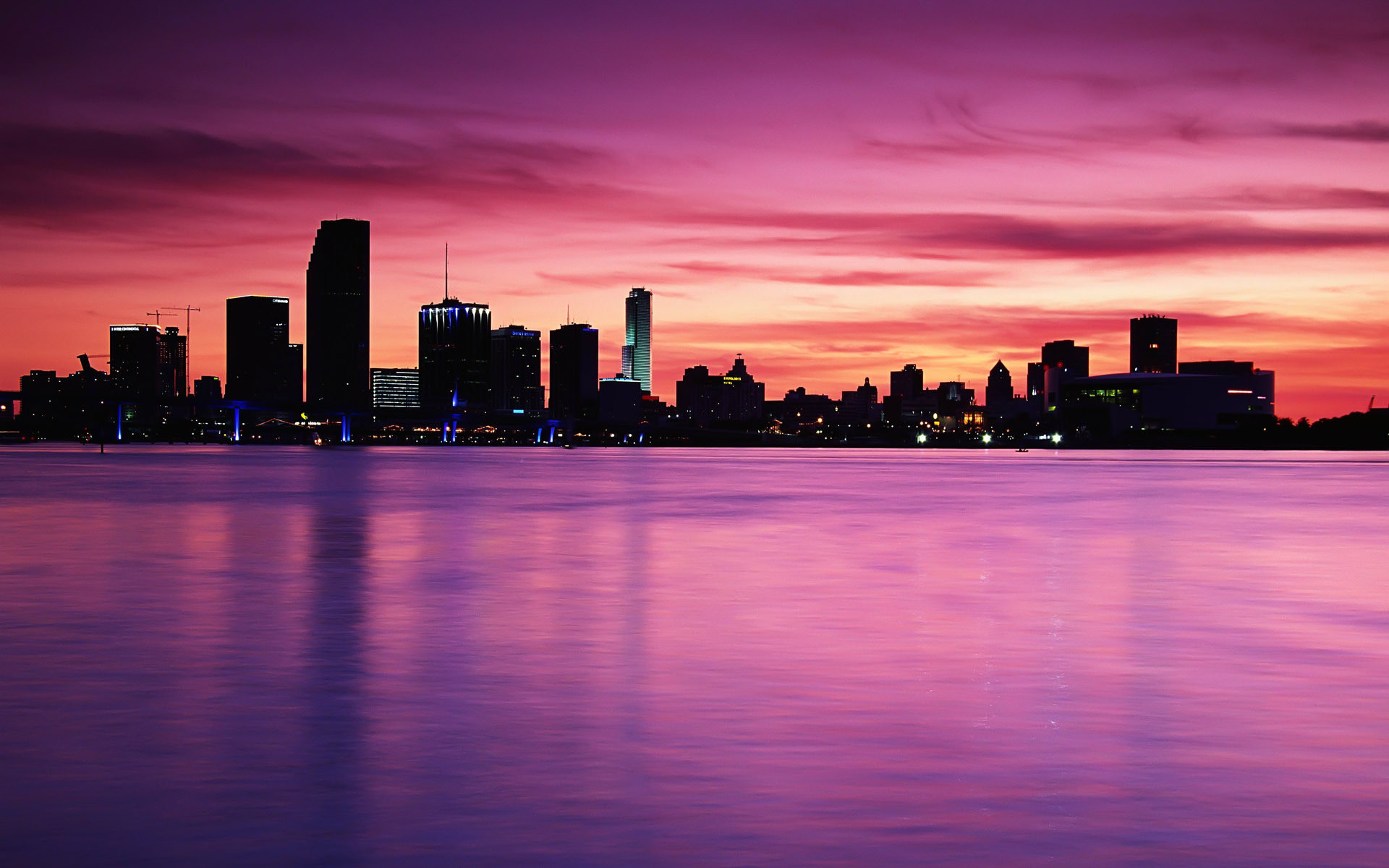 Skyline, Silhouette, Tramonto, Cielo rosa, Acqua, Full HD, sfondo per portatile