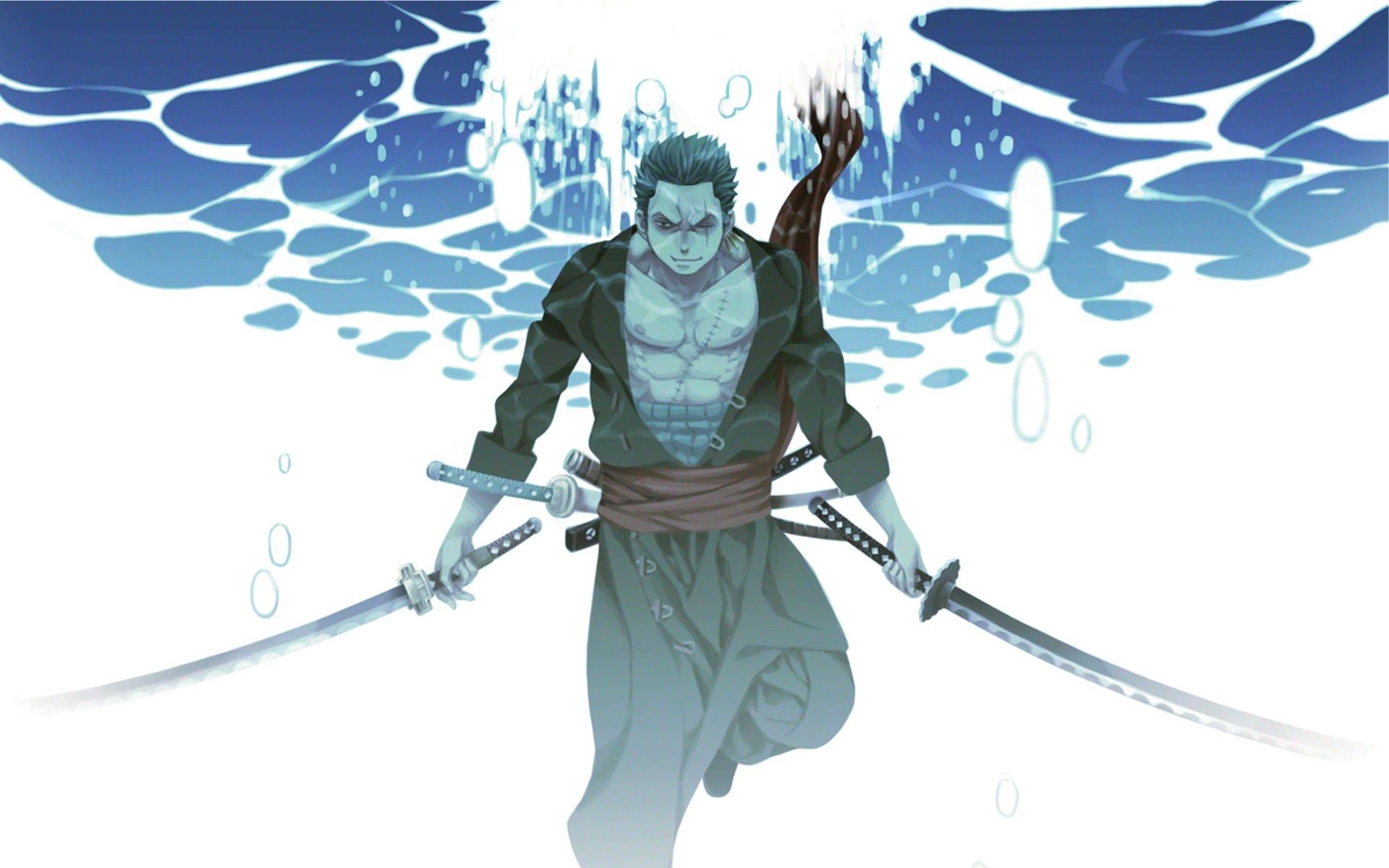 Roronoa Zoro, One Piece, Katane, Sott'acqua, Toni blu, 1920x1200, sfondo per PC