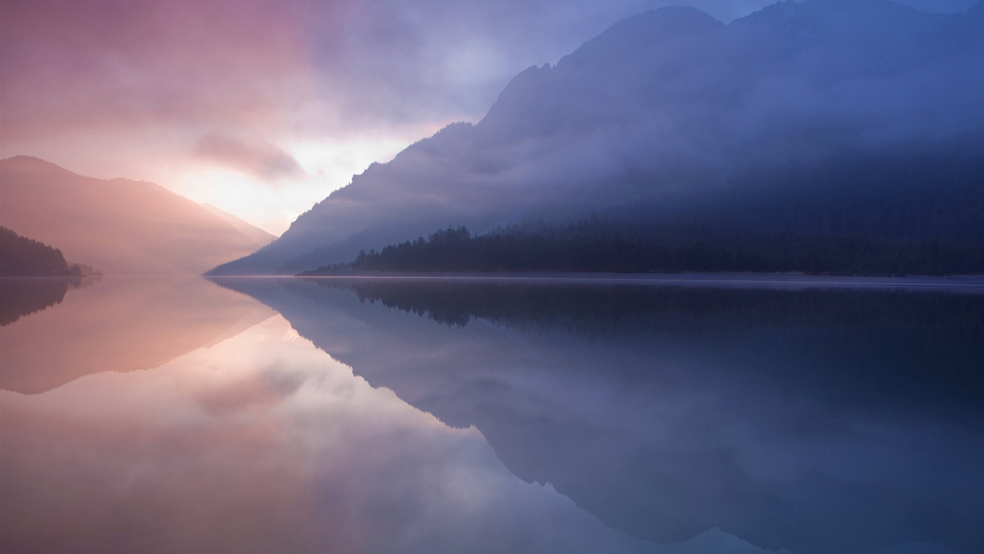 Lago, Montagne, Nebbia, Riflesso, Full HD, immagine di sfondo Mac