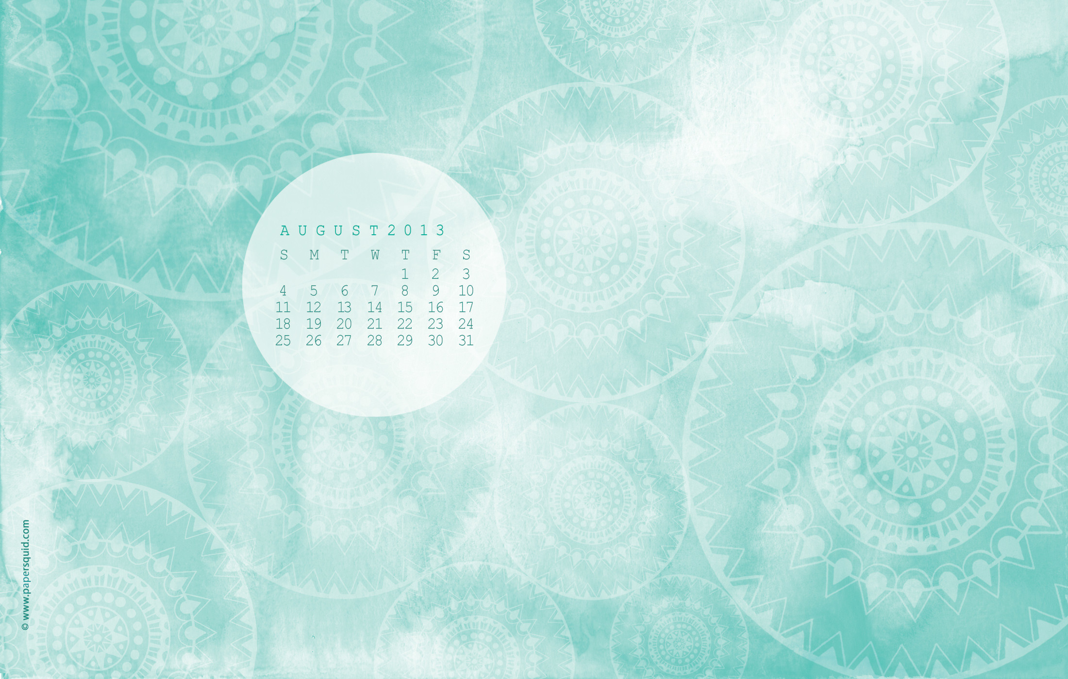 Calendario, Agosto 2013, Mandala, Acquerello, Verde acqua, Full HD, sfondo per PC