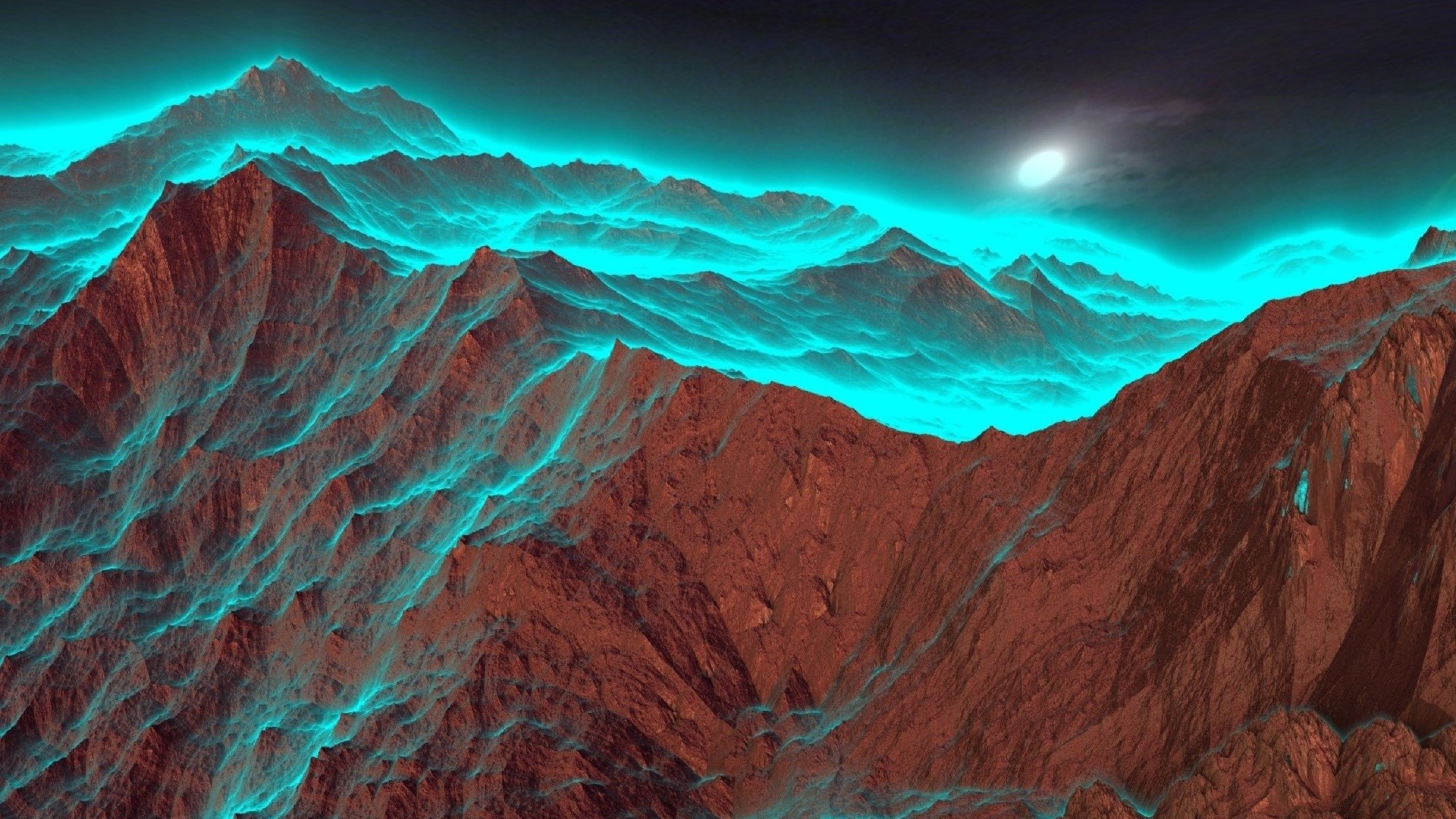 Montagne, Neon ciano, Arte digitale, Paesaggio surreale, 4K, wallpaper per portatile