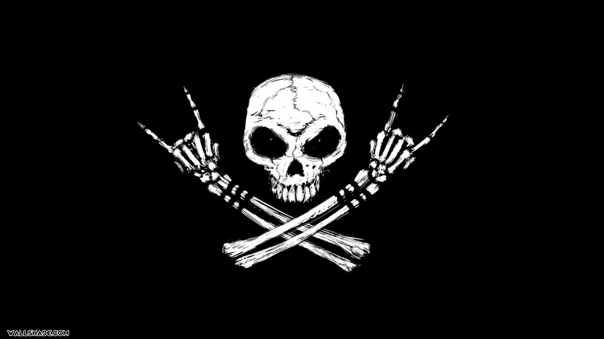 Teschio, Corna del rock, Sfondo nero, Bianco e nero, Full HD, wallpaper per PC
