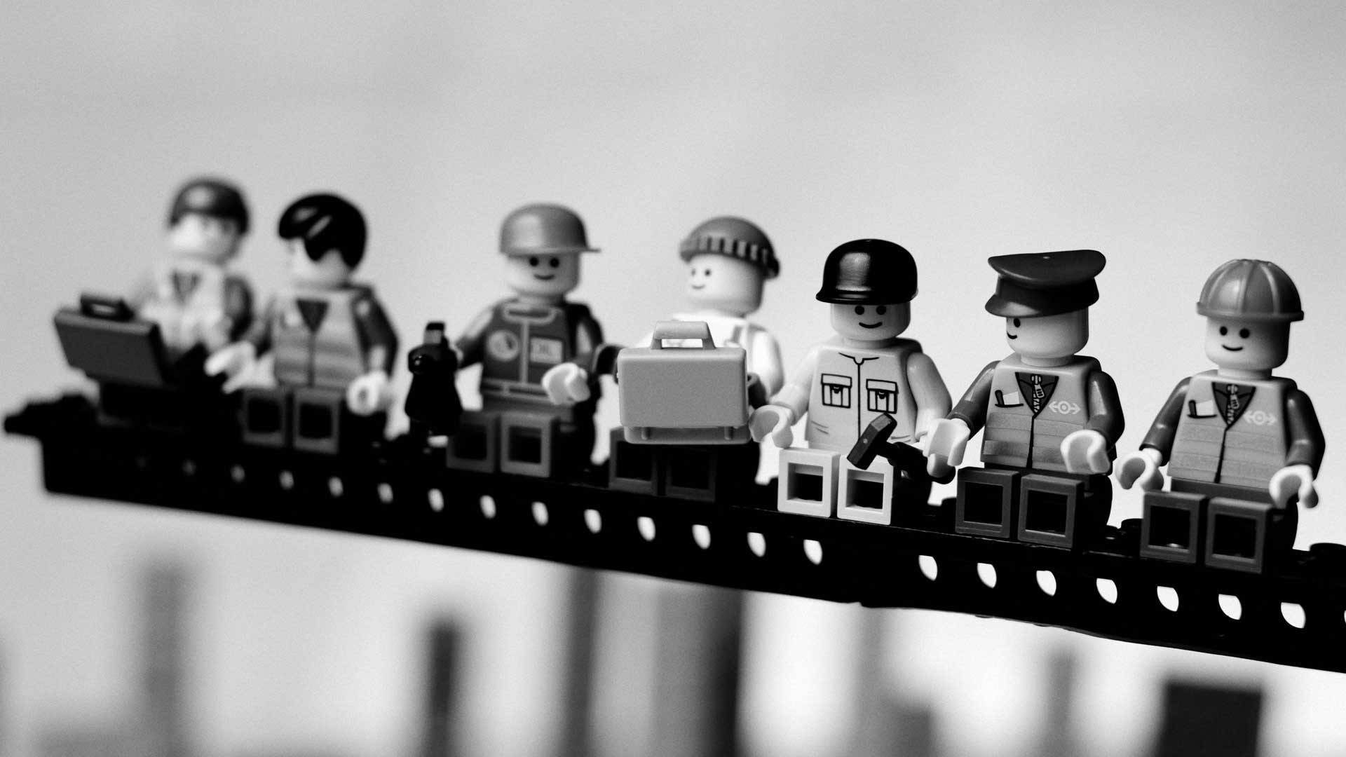 Lunch atop a Skyscraper, Minifigure LEGO, Parodia, Bianco e nero, sfondo per portatile