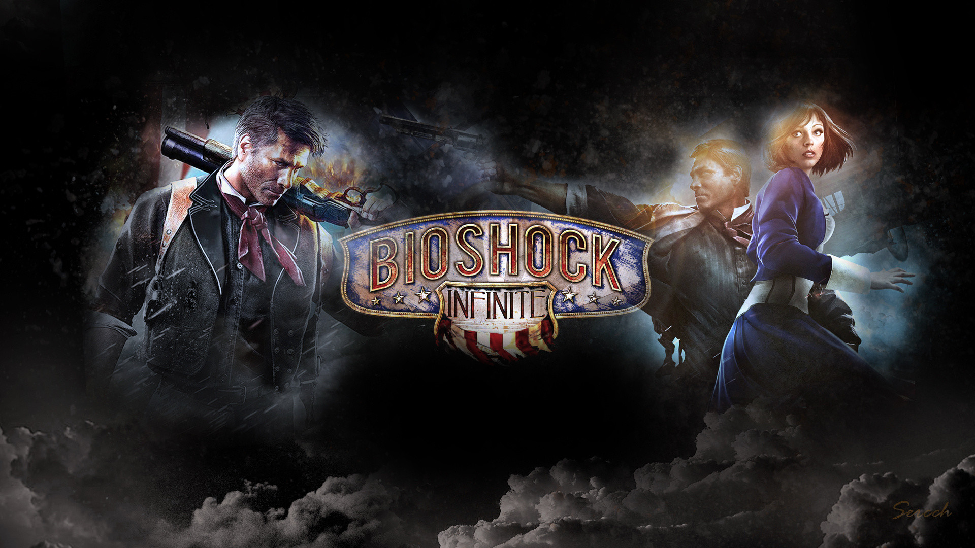 Booker DeWitt, Elizabeth, BioShock Infinite, Logo, Sfondo nero, Full HD, wallpaper desktop