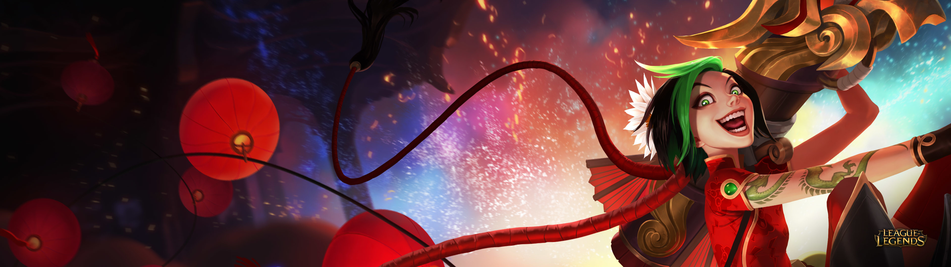 Jinx, League of Legends, Lanterne, Fuochi d'artificio, 3840x1080, immagine di sfondo
