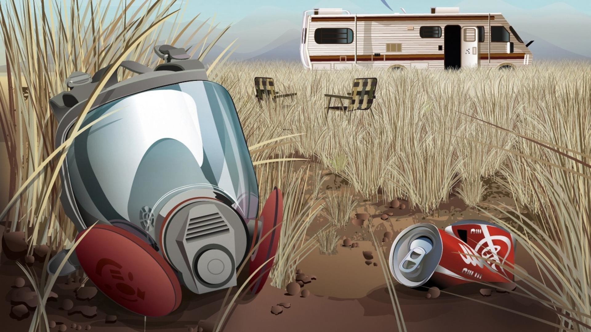 Breaking Bad, Camper, Maschera antigas, Deserto, 16:9 Full HD, wallpaper widescreen