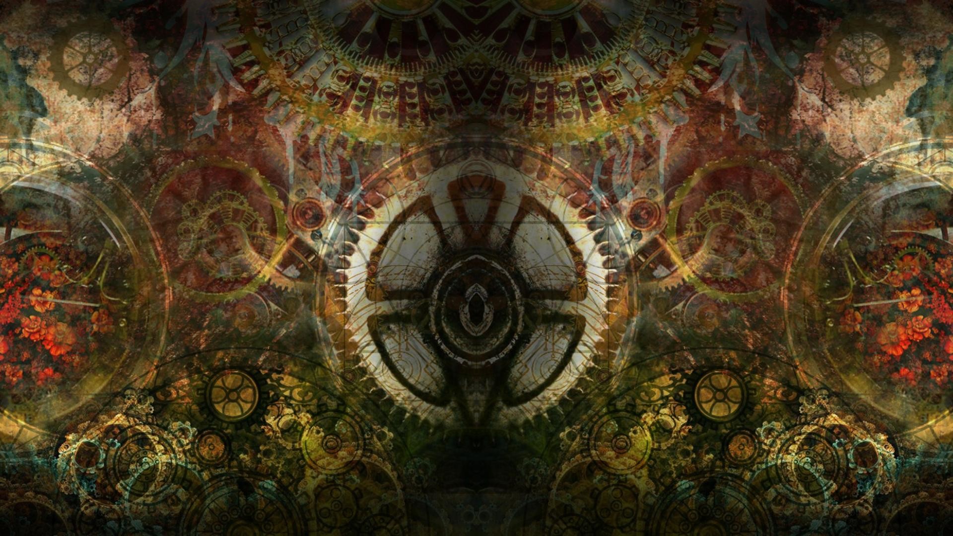 Frattale, Ingranaggi, Simmetria, Steampunk, 16:9 Full HD, sfondo widescreen