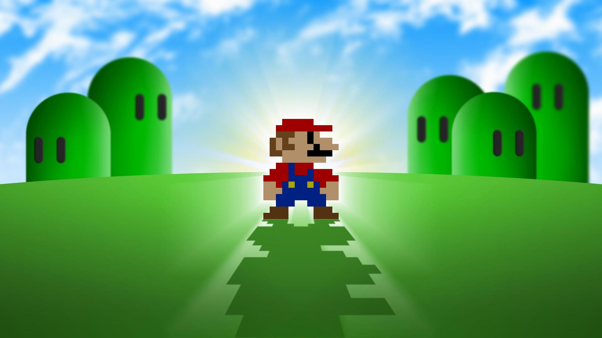 Mario, Pixel art, Colline, Raggi di sole, 1920x1080, immagine di sfondo
