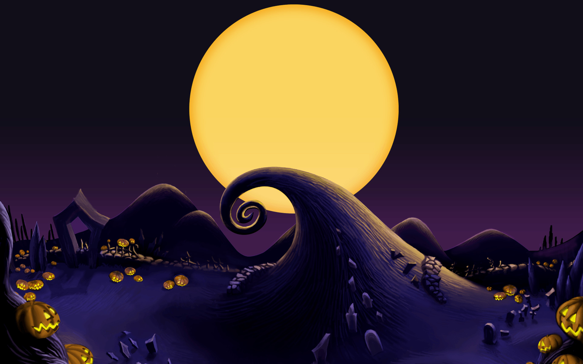 Nightmare Before Christmas, Spiral Hill, Halloween Town, Luna piena, Zucche, immagine di sfondo