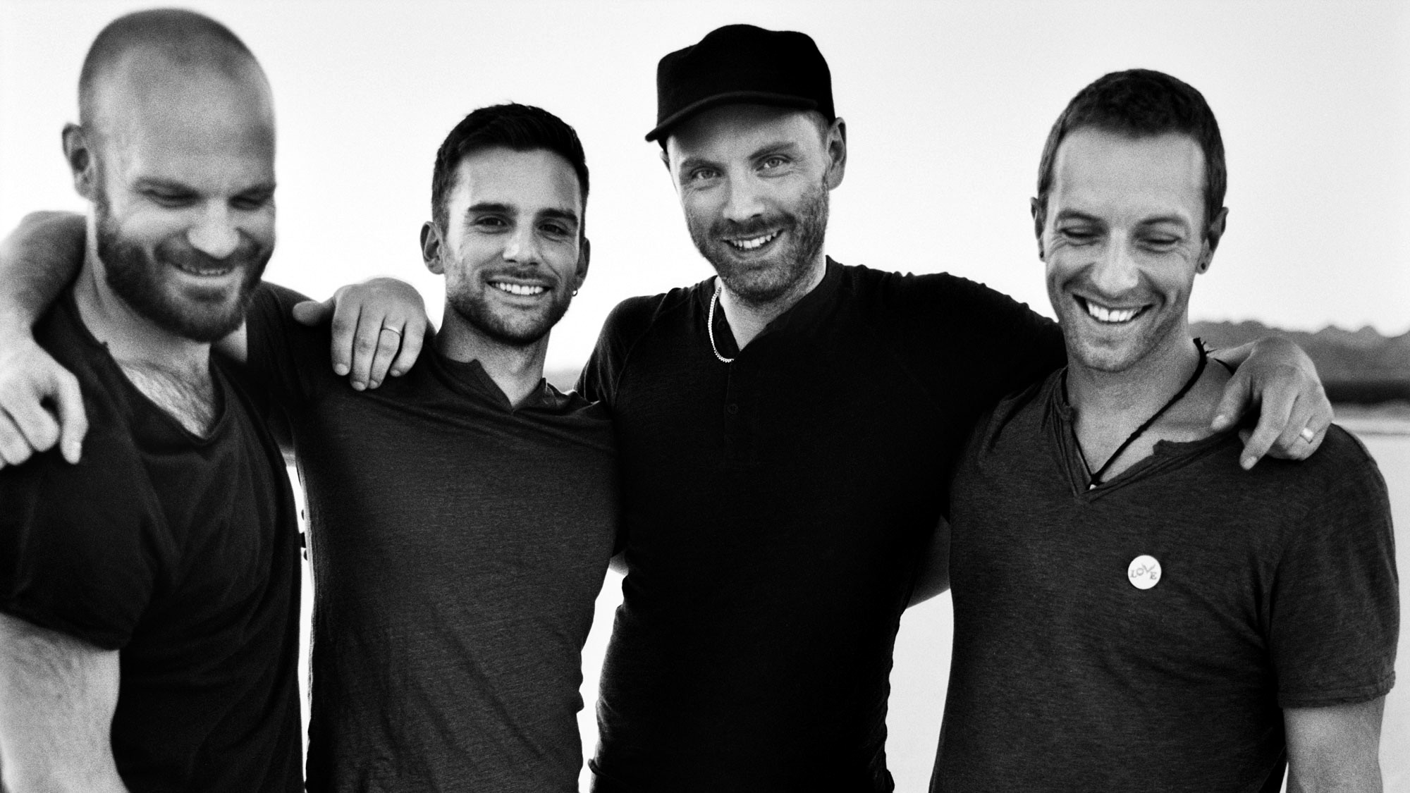 Coldplay, Chris Martin, Jonny Buckland, Guy Berryman, Will Champion, Bianco e nero, sfondo desktop
