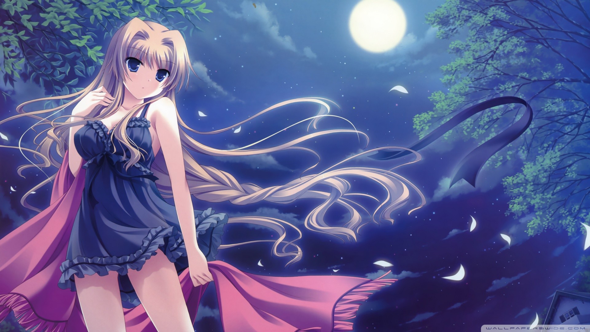 Ragazza anime, Capelli biondi, Luna, Notte, Petali, Full HD 1080p, sfondo desktop