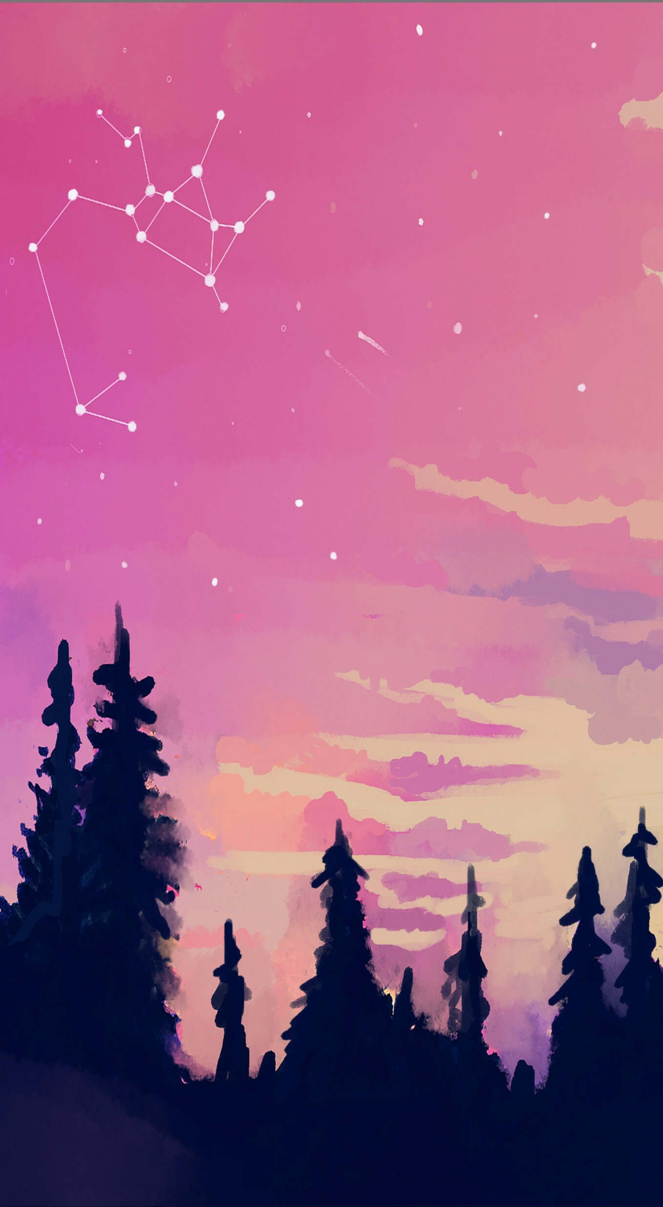 Costellazione, Abeti, Tramonto, Rosa, Illustrazione, sfondo per iPhone e Android