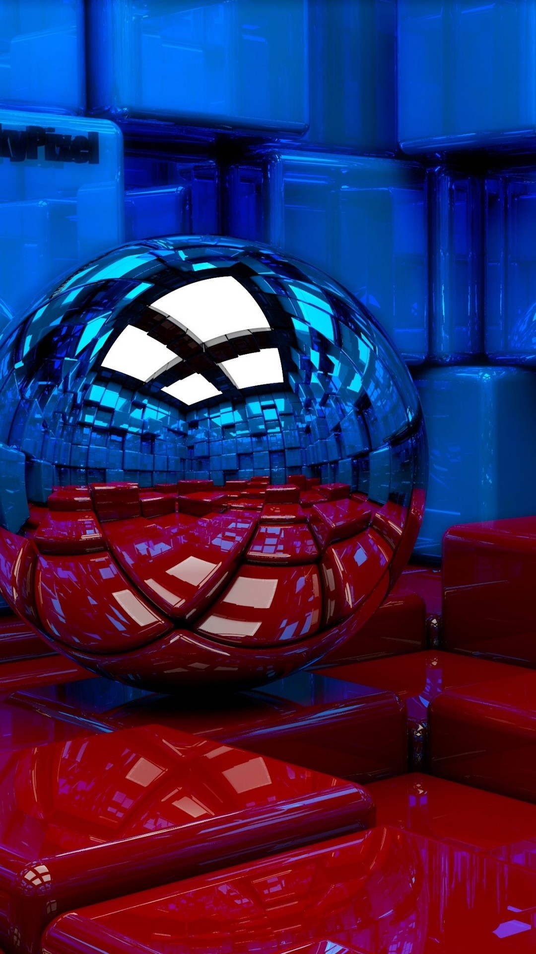 Sfera, Riflessi, 3D, Blu, Rosso, Full HD, sfondo per smartphone
