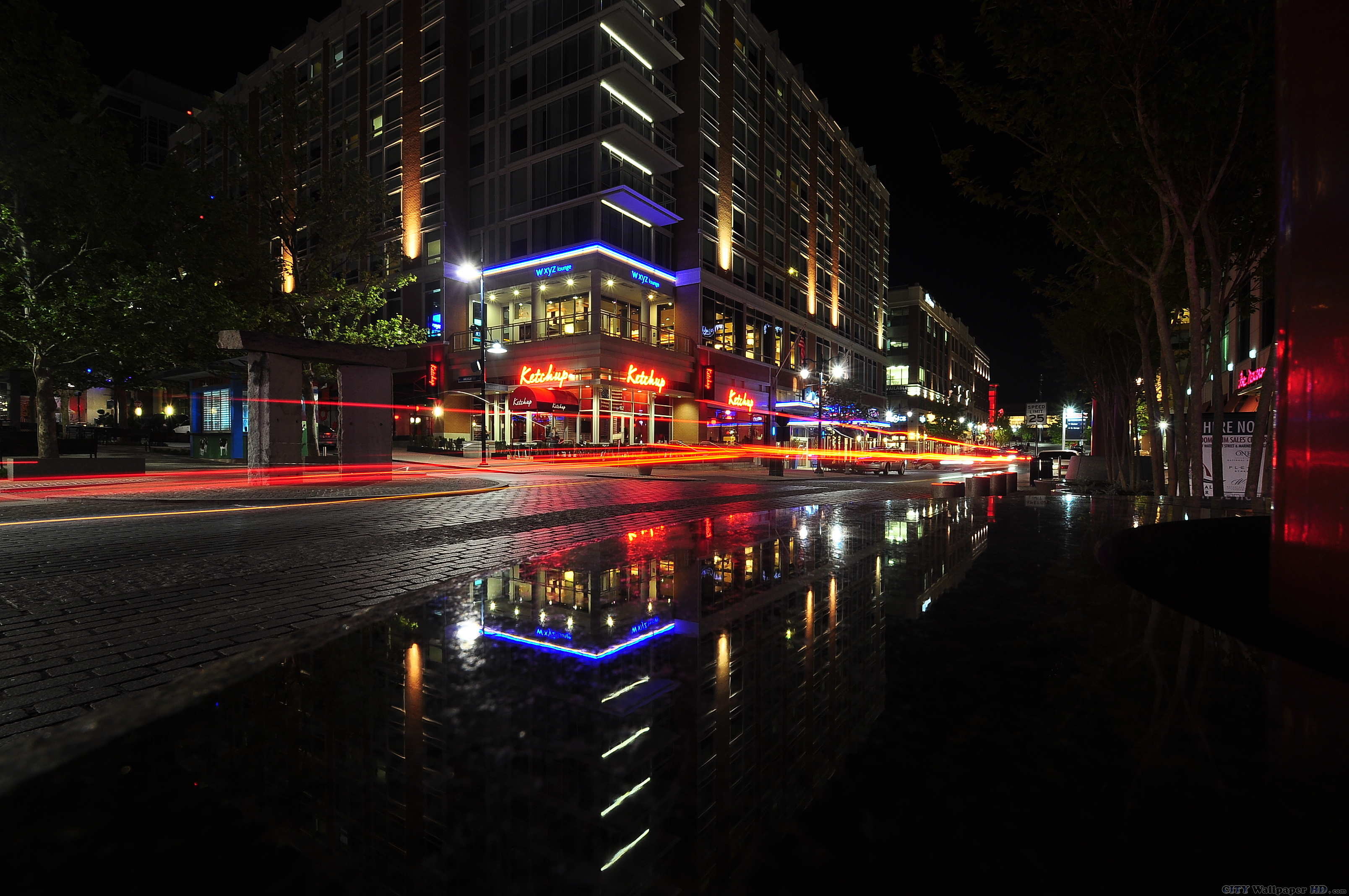 Strada bagnata, Luci, Riflessi, Città, Notte, 2K, sfondo per PC e portatile