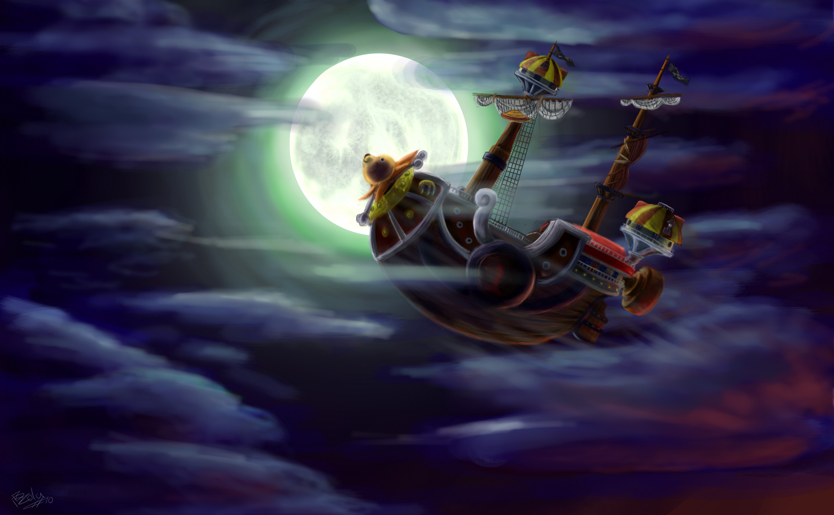 Thousand Sunny, Nave, Luna piena, Notte, One Piece, 2K, sfondo desktop