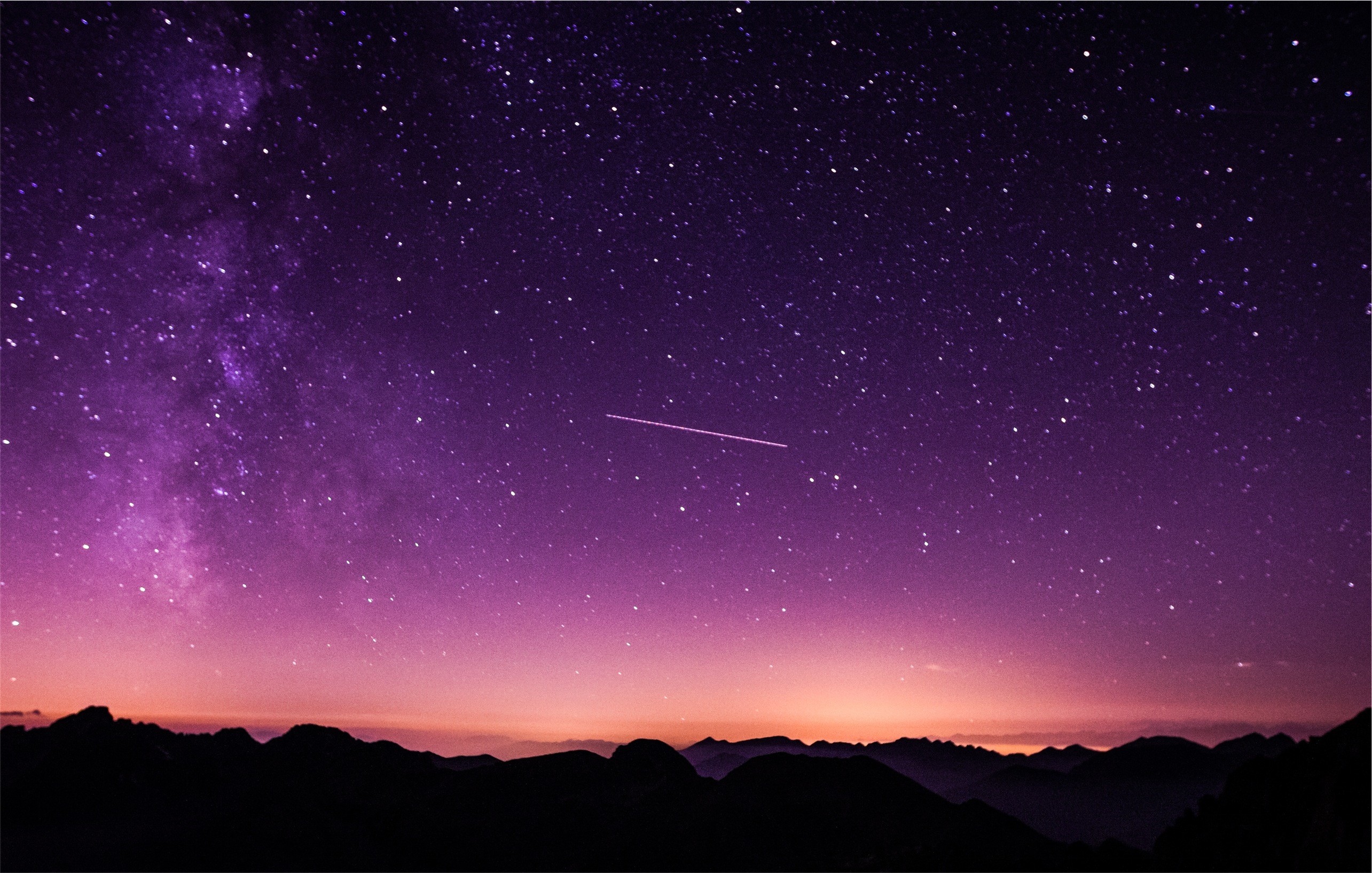 Cielo stellato, Stella cadente, Viola, Montagne, 2K, sfondo per PC e portatile