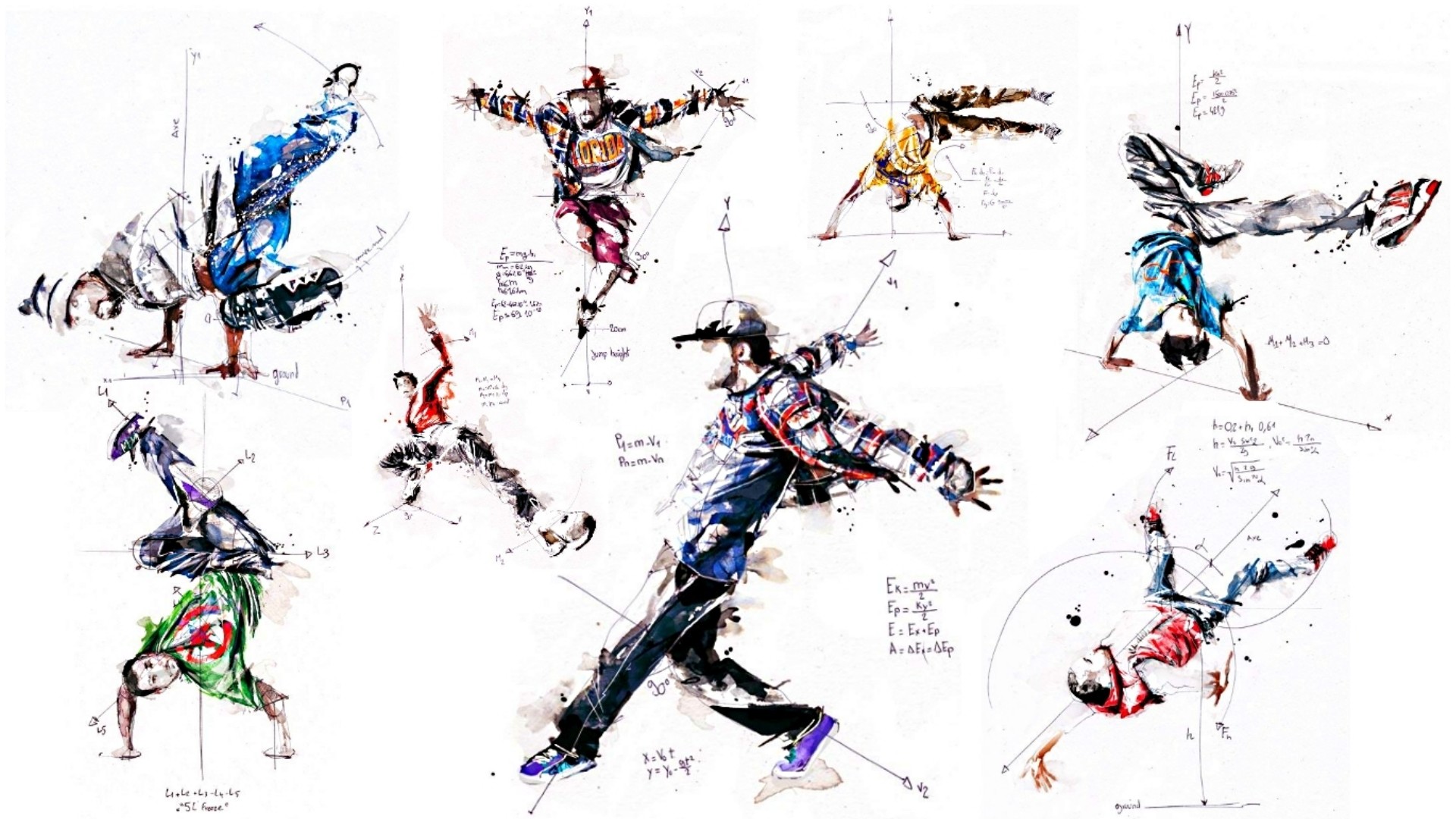 Breakdance, Schizzi, Studio di movimento, Acquerello, Full HD 1080p, sfondo desktop