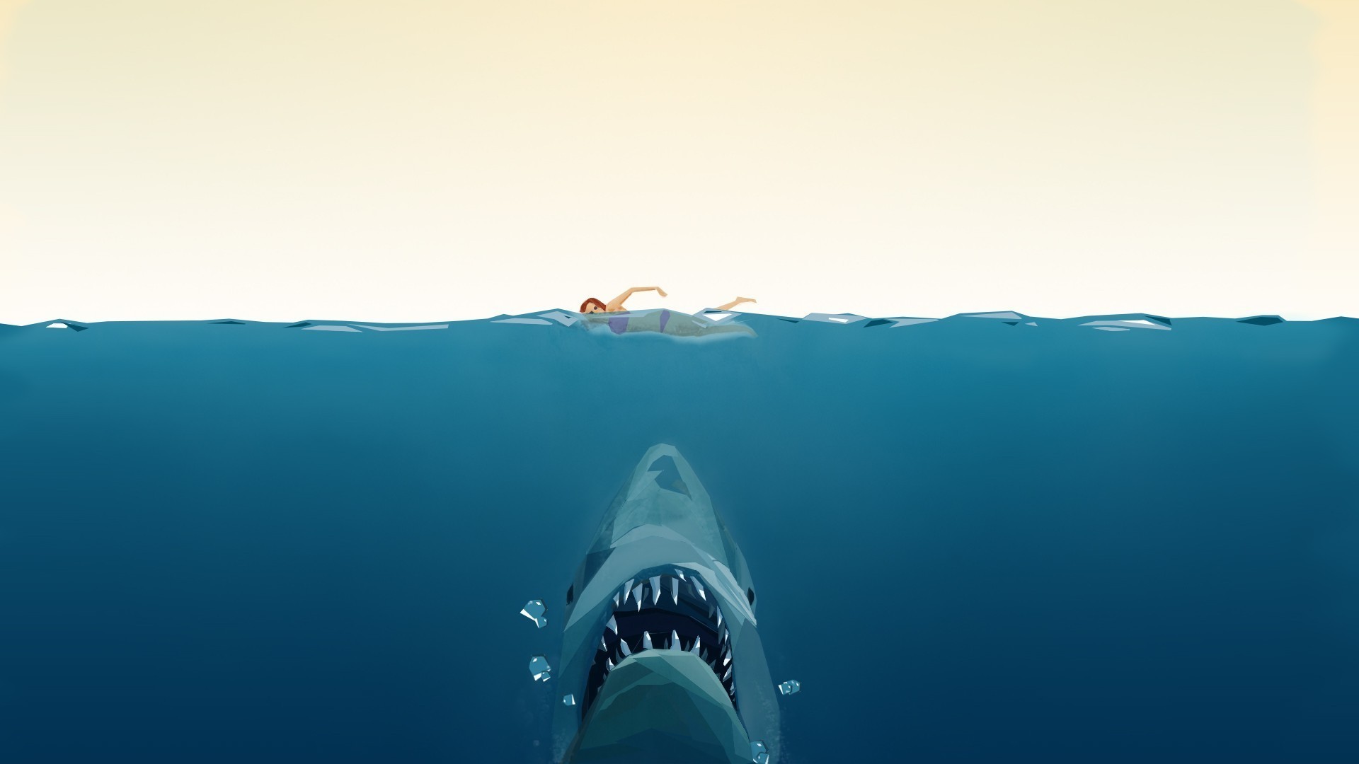 Lo squalo, Jaws, Nuotatrice, Minimalista, Oceano, Full HD, sfondo per portatile