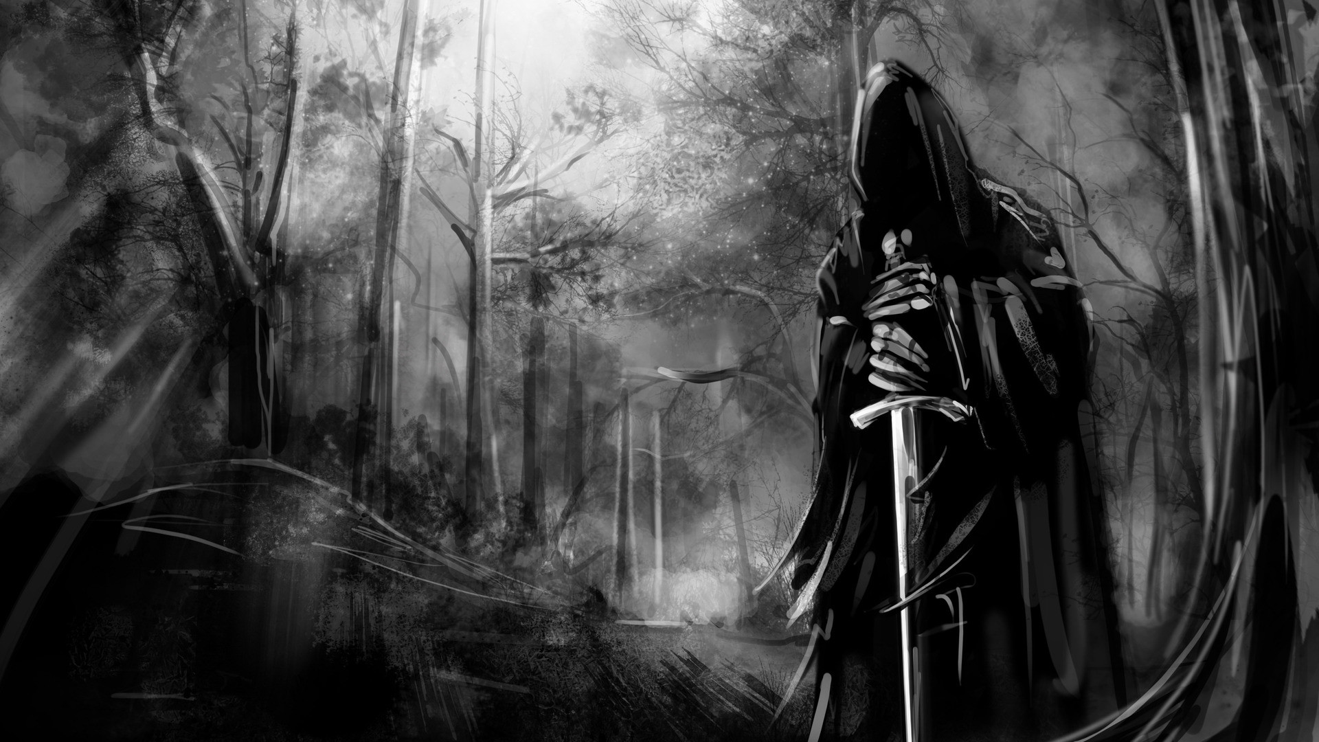 Nazgûl, Il Signore degli Anelli, Foresta, Bianco e nero, Full HD, sfondo per portatile