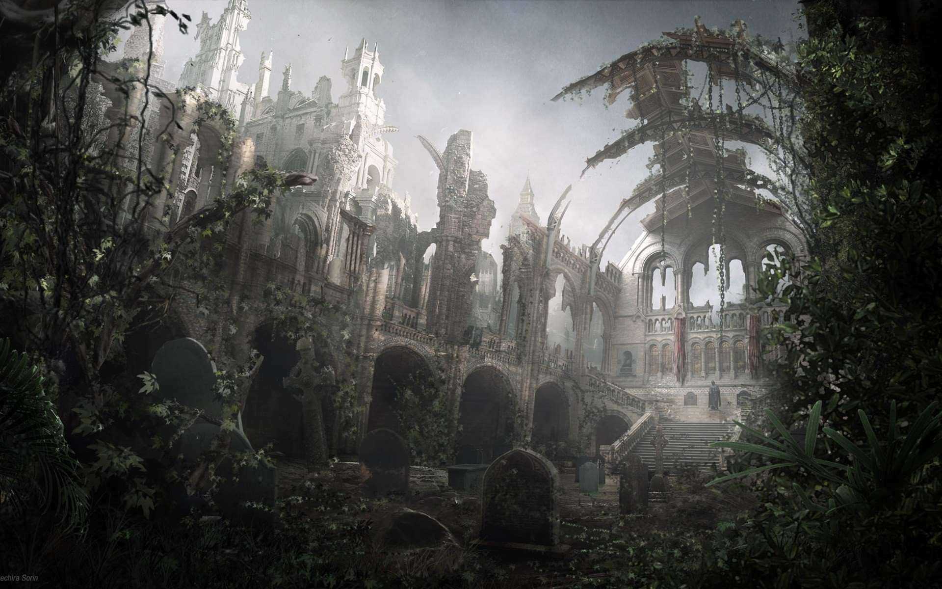 Rovine, Cattedrale, Foresta, Dark fantasy, Full HD, wallpaper per computer