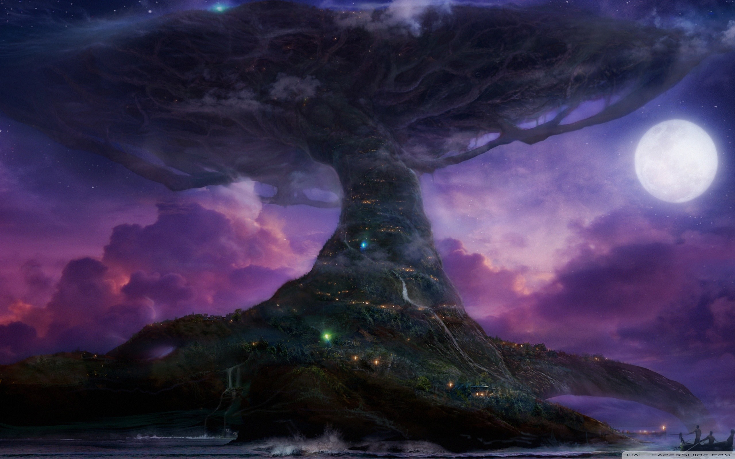 Teldrassil, World of Warcraft, Albero del Mondo, Luna piena, Notte viola, sfondo Windows 11