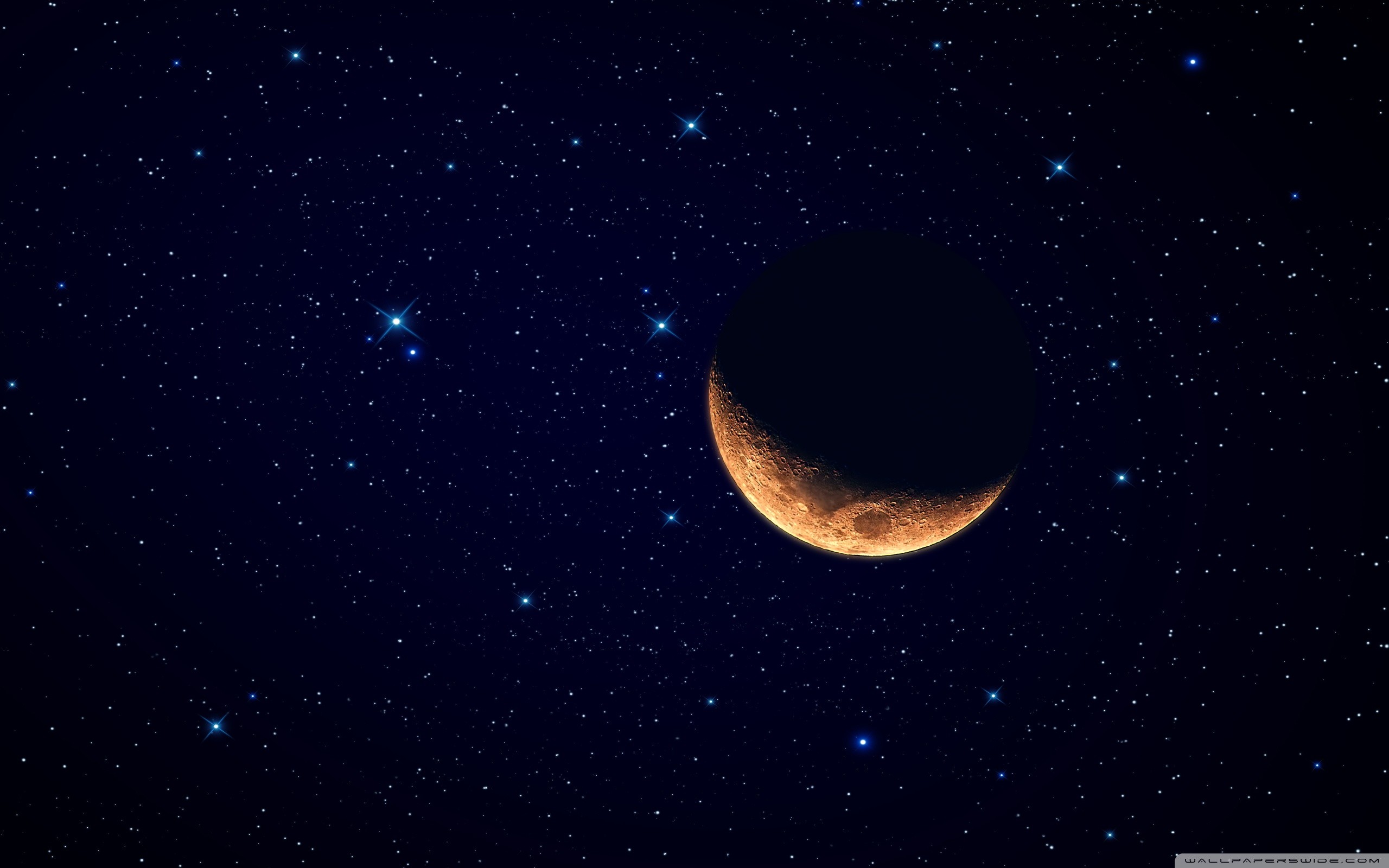 Luna crescente, Stelle, Cielo notturno, 2K, sfondo desktop