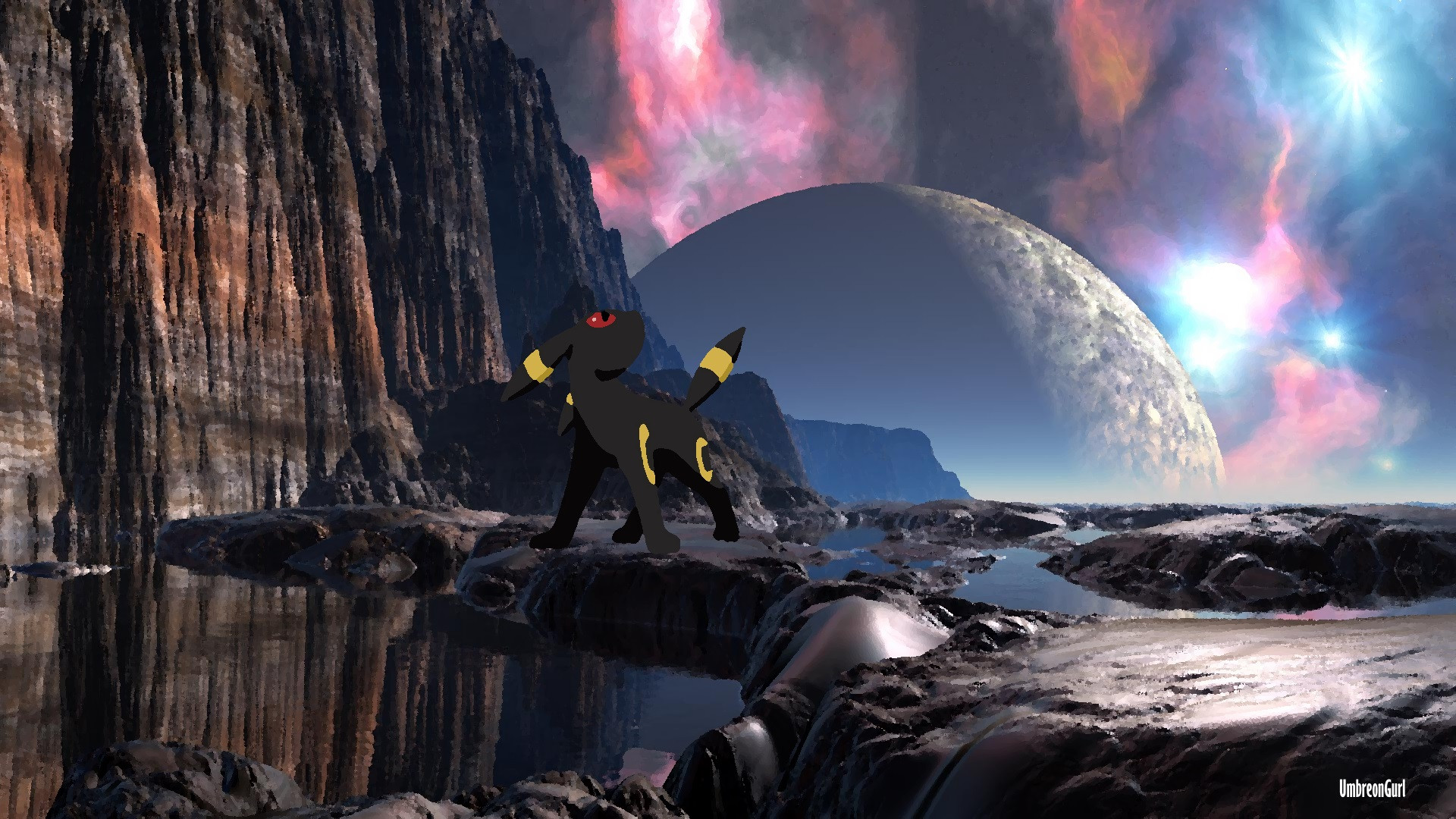 Umbreon, Pokémon, Paesaggio fantasy, Pianeta, 1920x1080, sfondo per PC