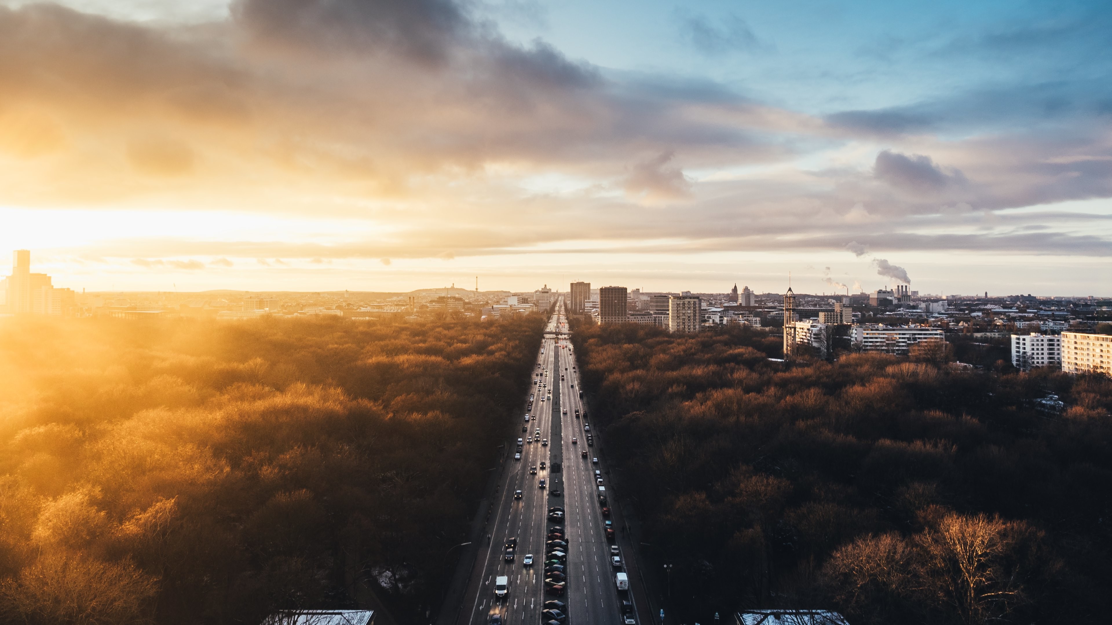 Berlino, Viale, Tiergarten, Alba, Vista aerea, 4K, sfondo per desktop