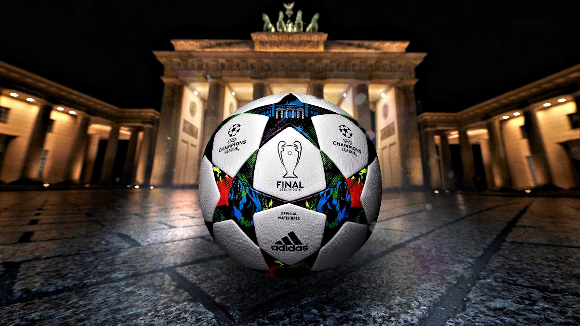 Adidas Finale Berlin, Porta di Brandeburgo, Berlino, Pallone, Notte, sfondo desktop 1920x1080