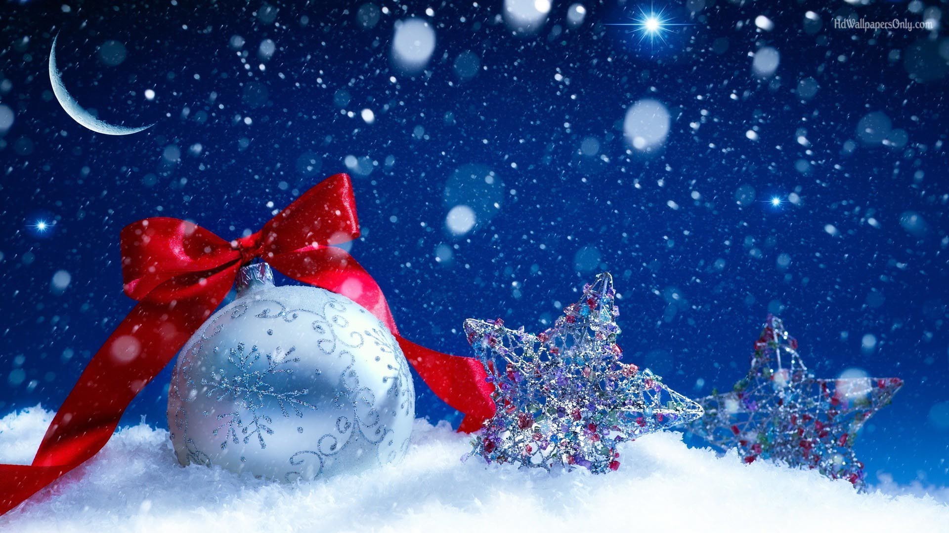 Pallina di Natale, Fiocco rosso, Stelle glitterate, Neve, Luna, Full HD, sfondo Windows 11