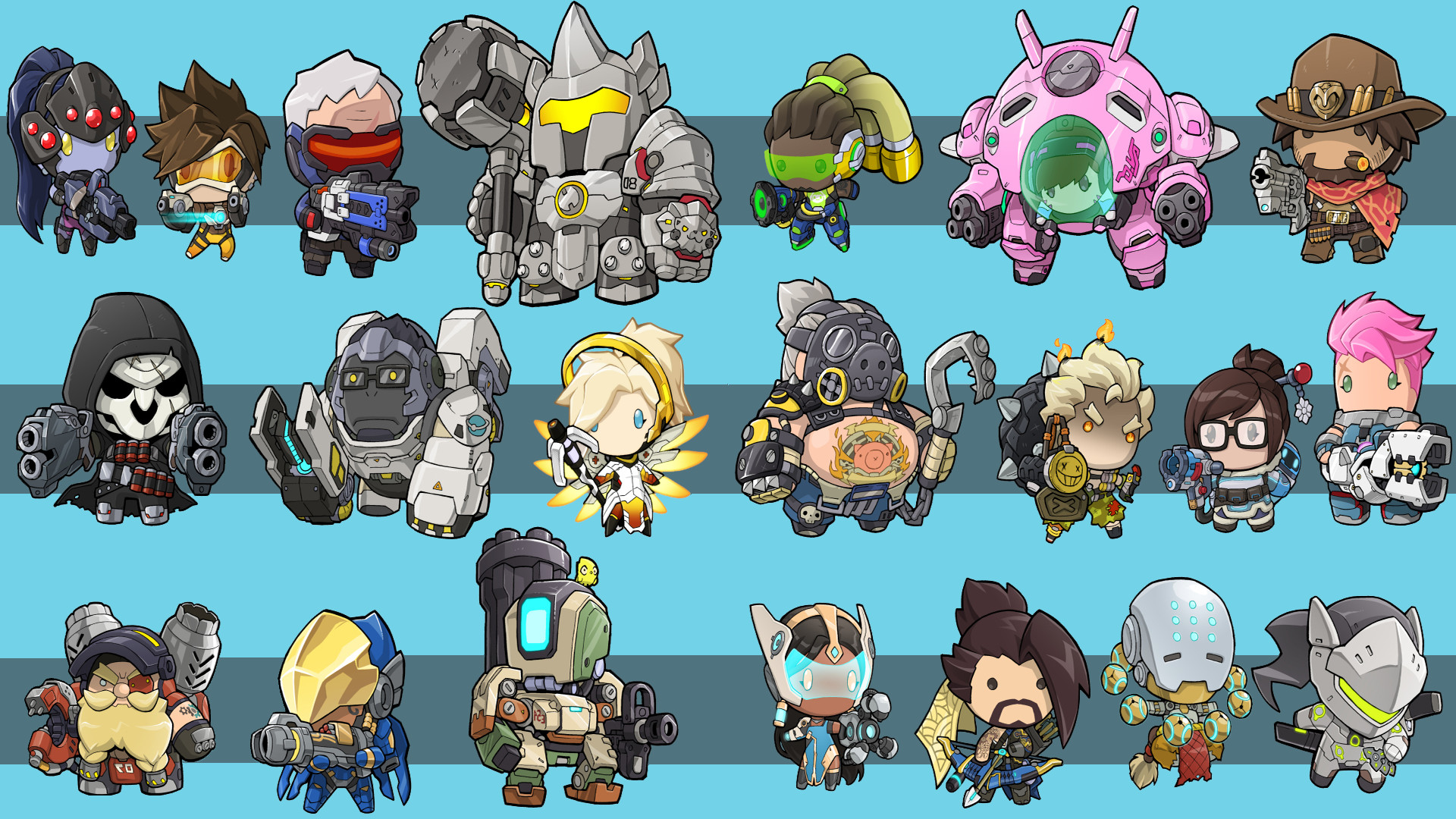 Overwatch, Eroi di Overwatch, Chibi, Strisce azzurre, 1920x1080, immagine di sfondo