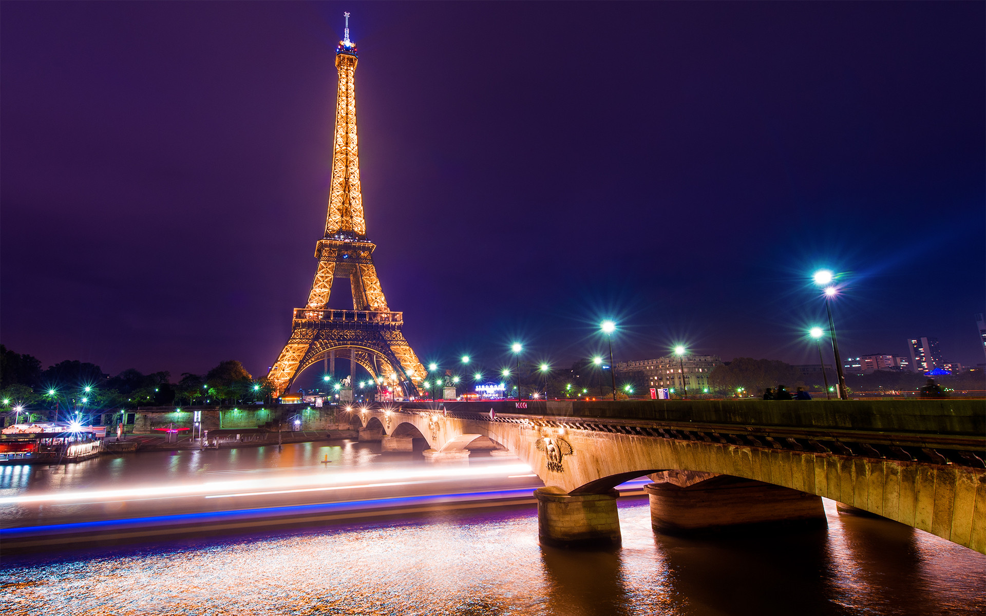 Torre Eiffel, Senna, Pont d'Iéna, Parigi, Notte, Scie luminose, 1920x1200, immagine di sfondo
