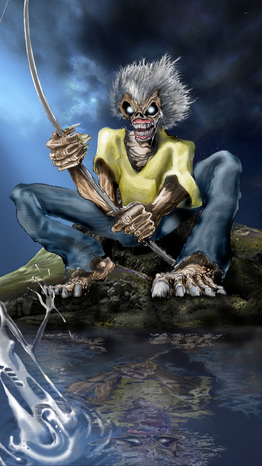 Eddie, Iron Maiden, Illustrazione, Notte, Roccia, Full HD, sfondo verticale per cellulare
