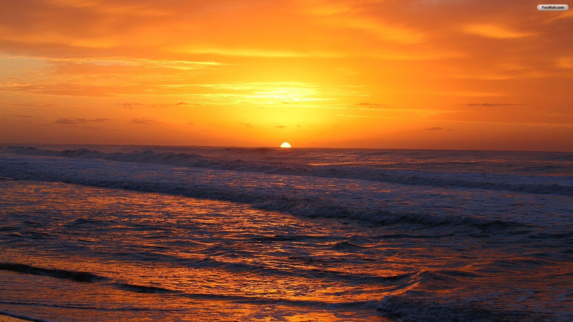 Mare, Tramonto, Cielo arancione, Onde, Full HD, sfondo per portatile