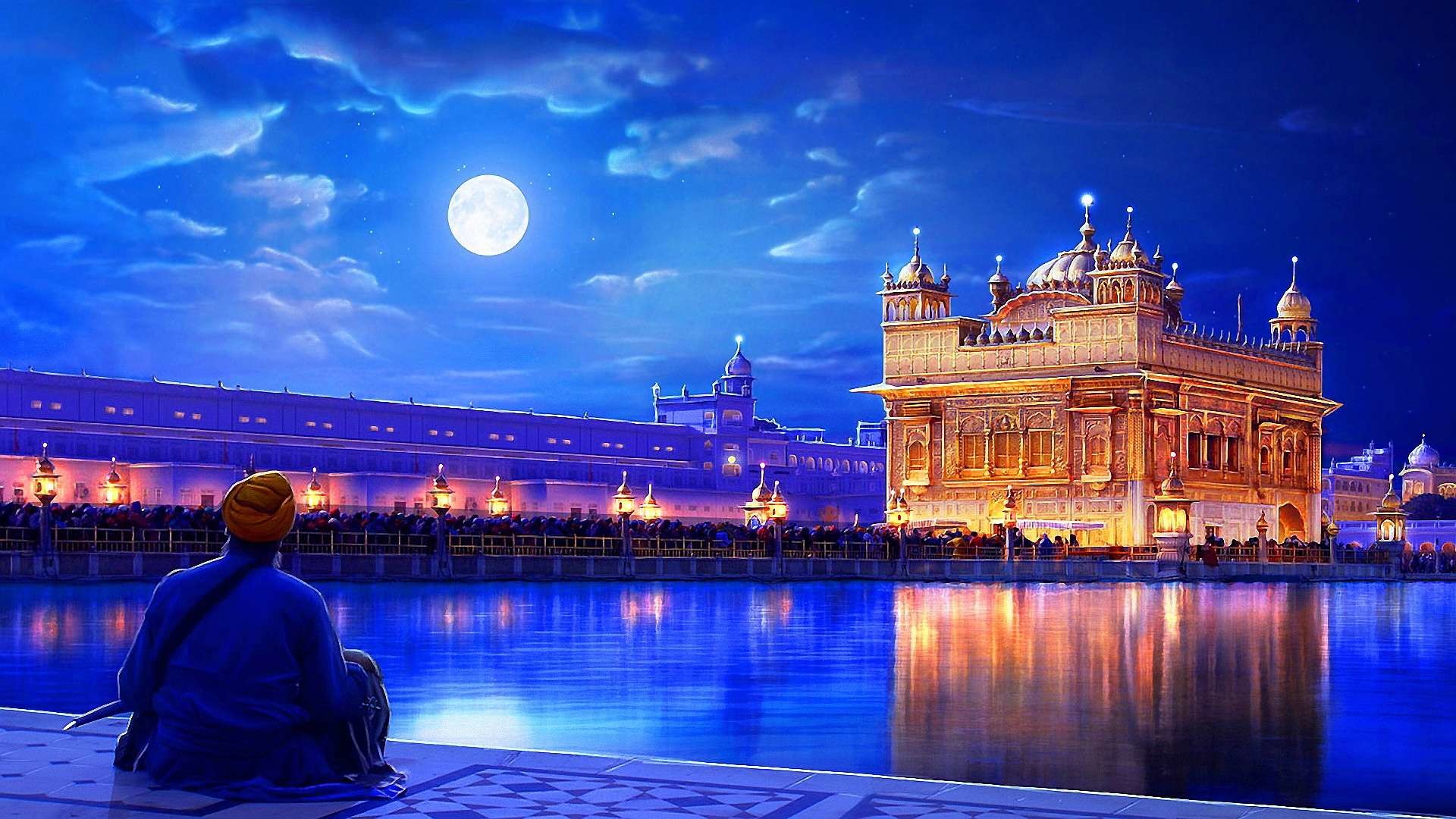 Tempio d'Oro, Amritsar, India, Notte, Luna, Full HD, sfondo per PC