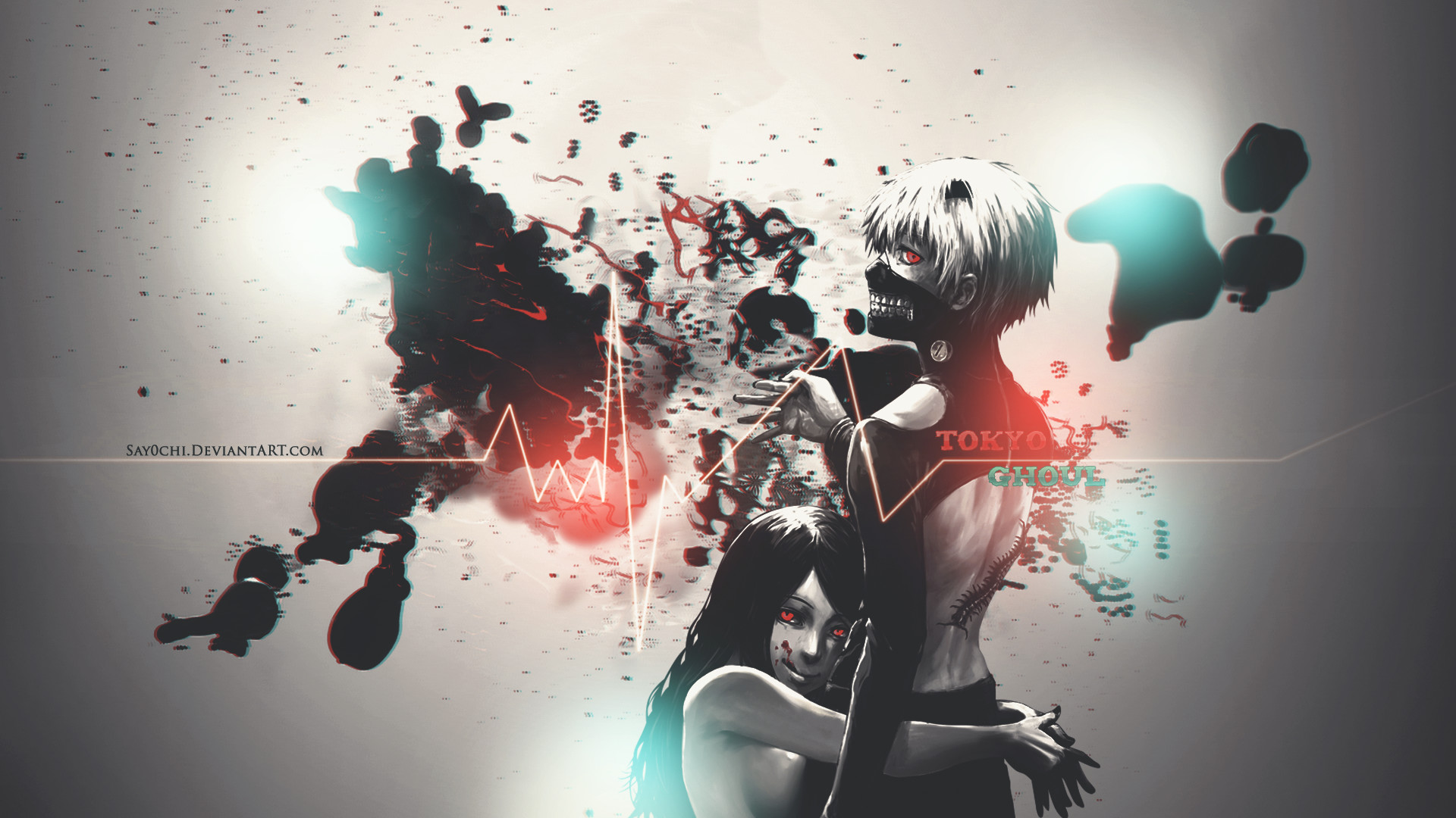 Ken Kaneki, Rize Kamishiro, Tokyo Ghoul, Schizzi d'inchiostro, 16:9 Full HD, wallpaper widescreen