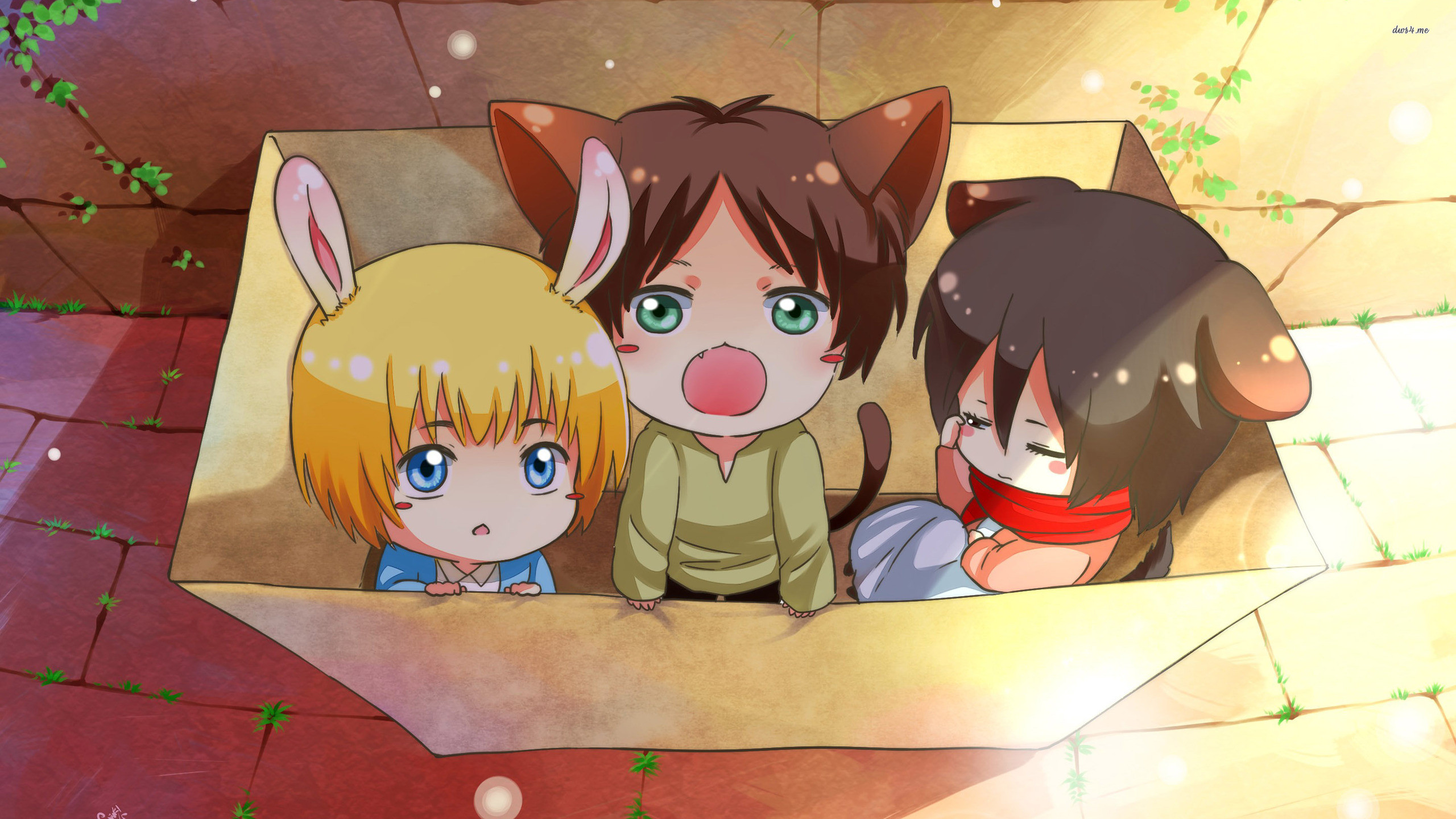 Armin Arlert, Eren Jaeger, Mikasa Ackerman, L'attacco dei giganti, Chibi, Scatola, sfondo per PC